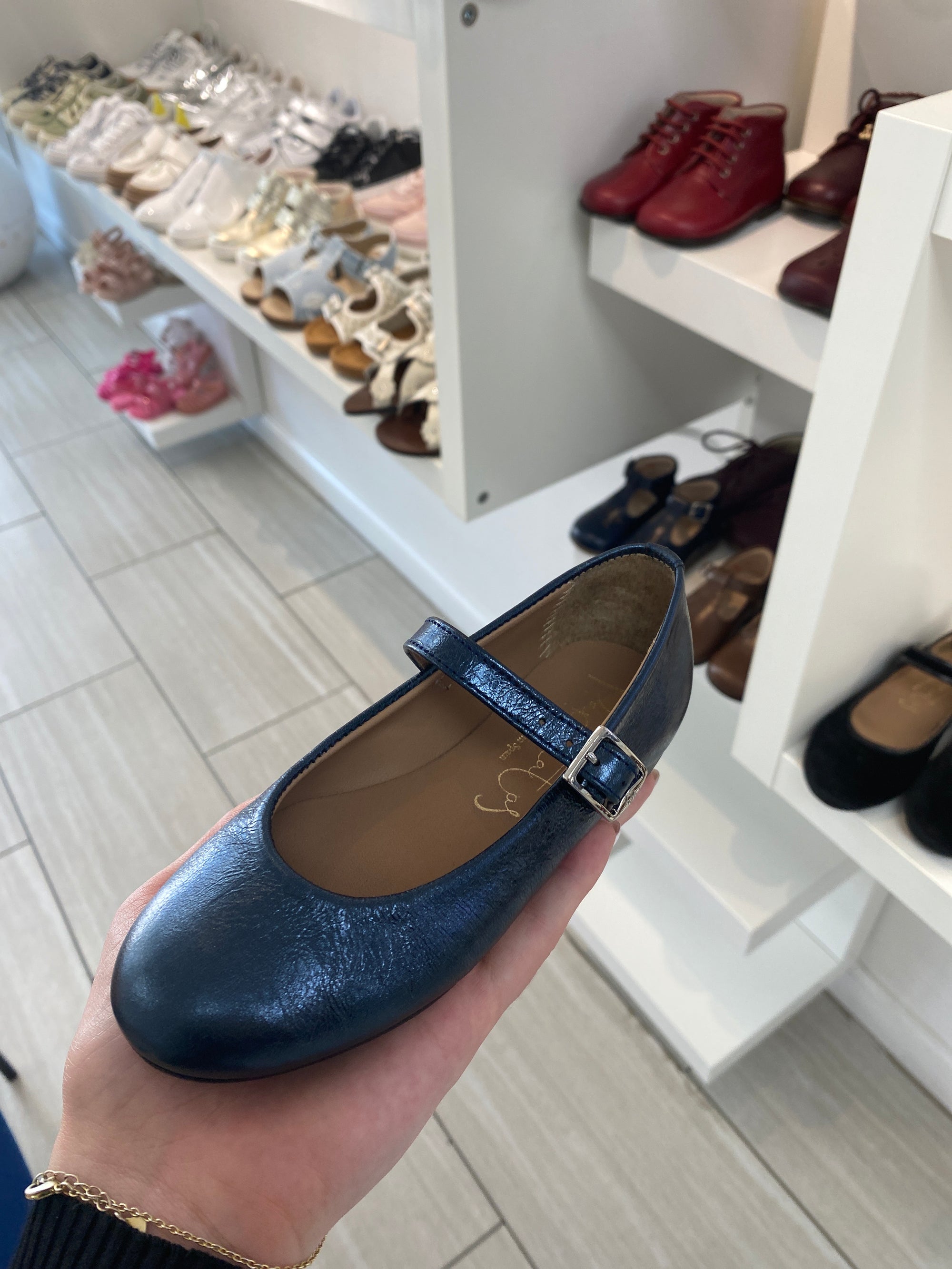 Papanatas Metalic Blue Buckle Mary Jane-Tassel Children Shoes