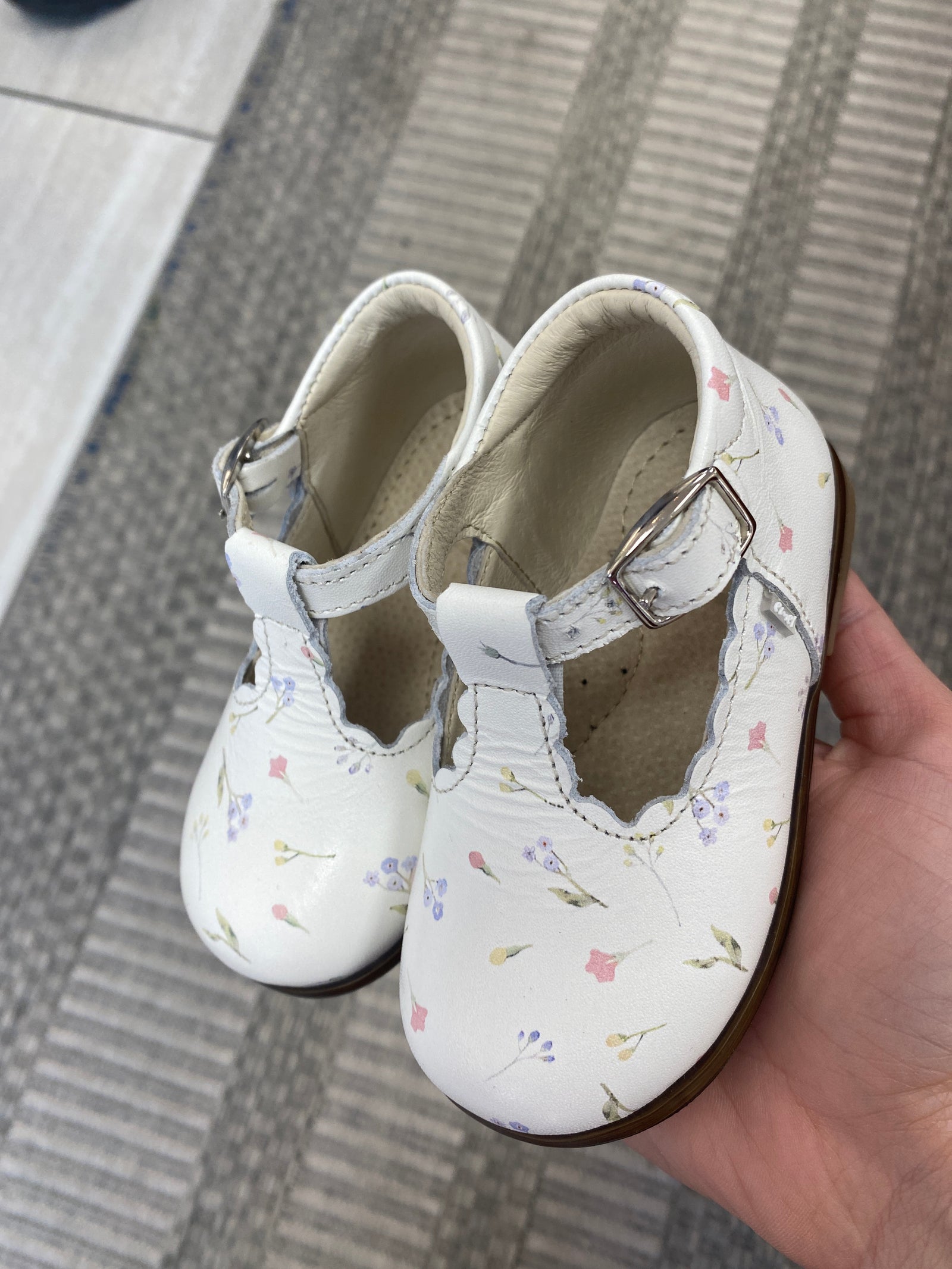 Emel Cream Floral Scalloped Baby T Strap-Tassel Children Shoes
