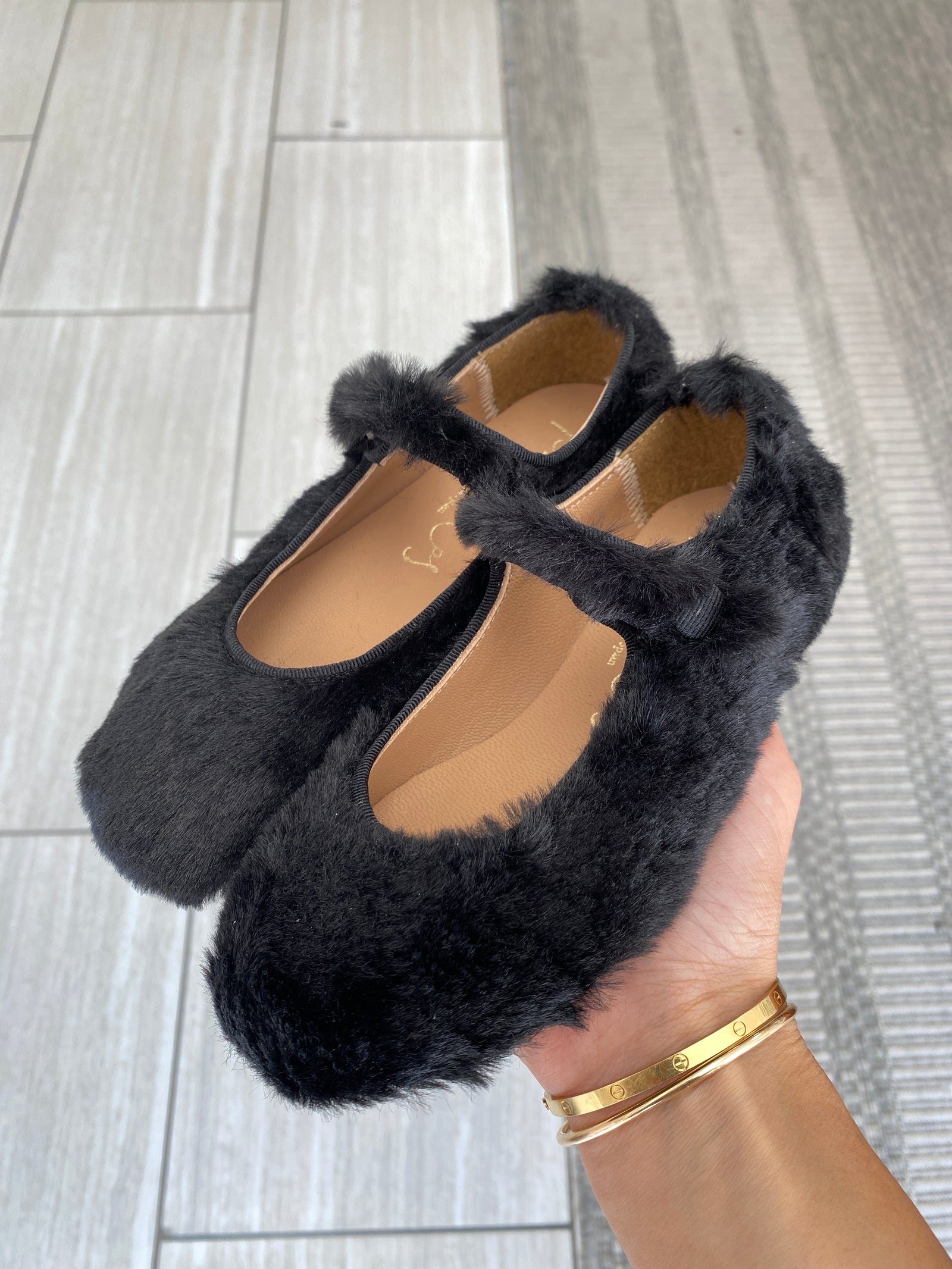 Papanatas Black Fur Mary Jane-Tassel Children Shoes