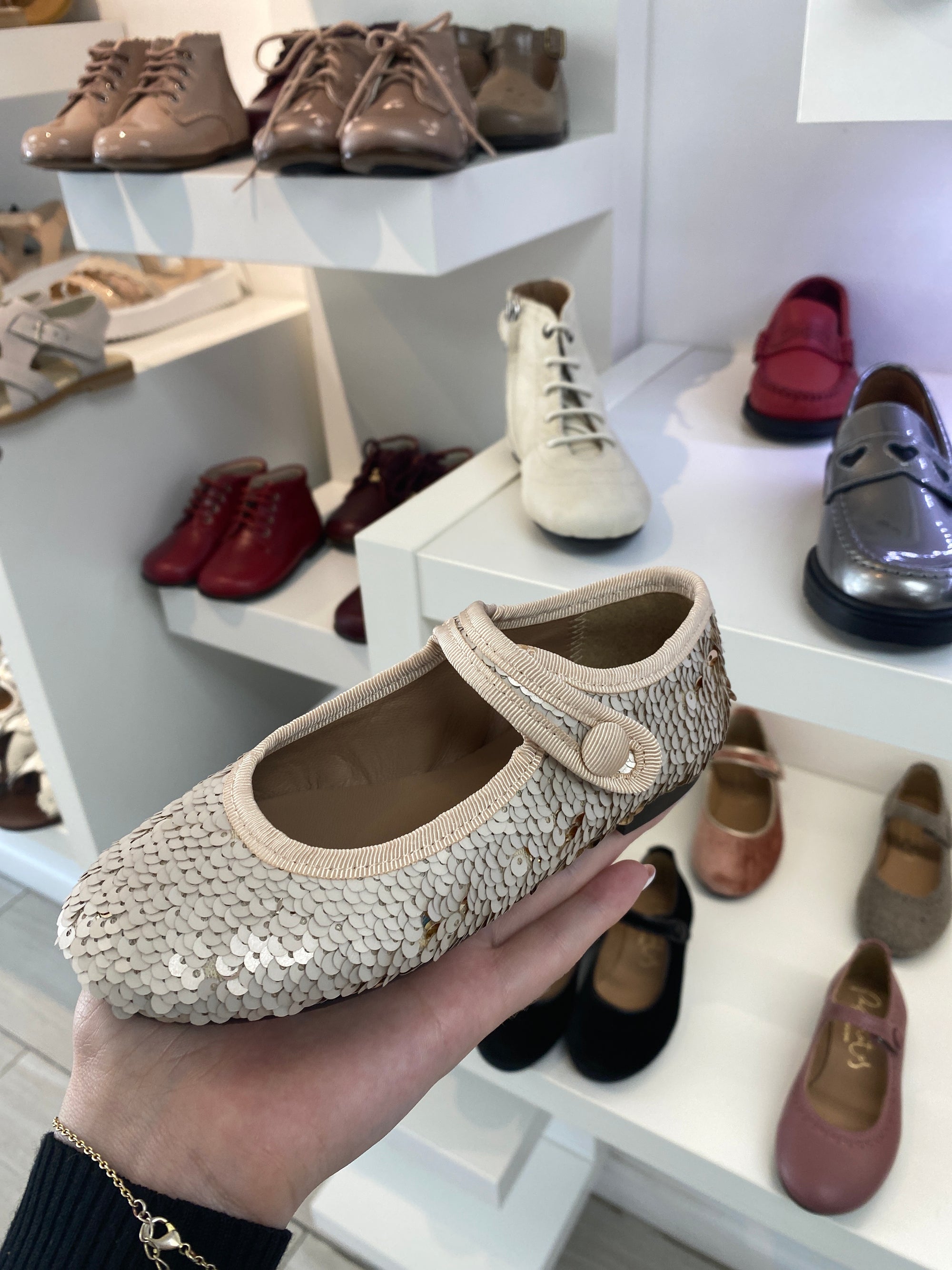 Papanatas Champagne Sequin Mary Jane-Tassel Children Shoes