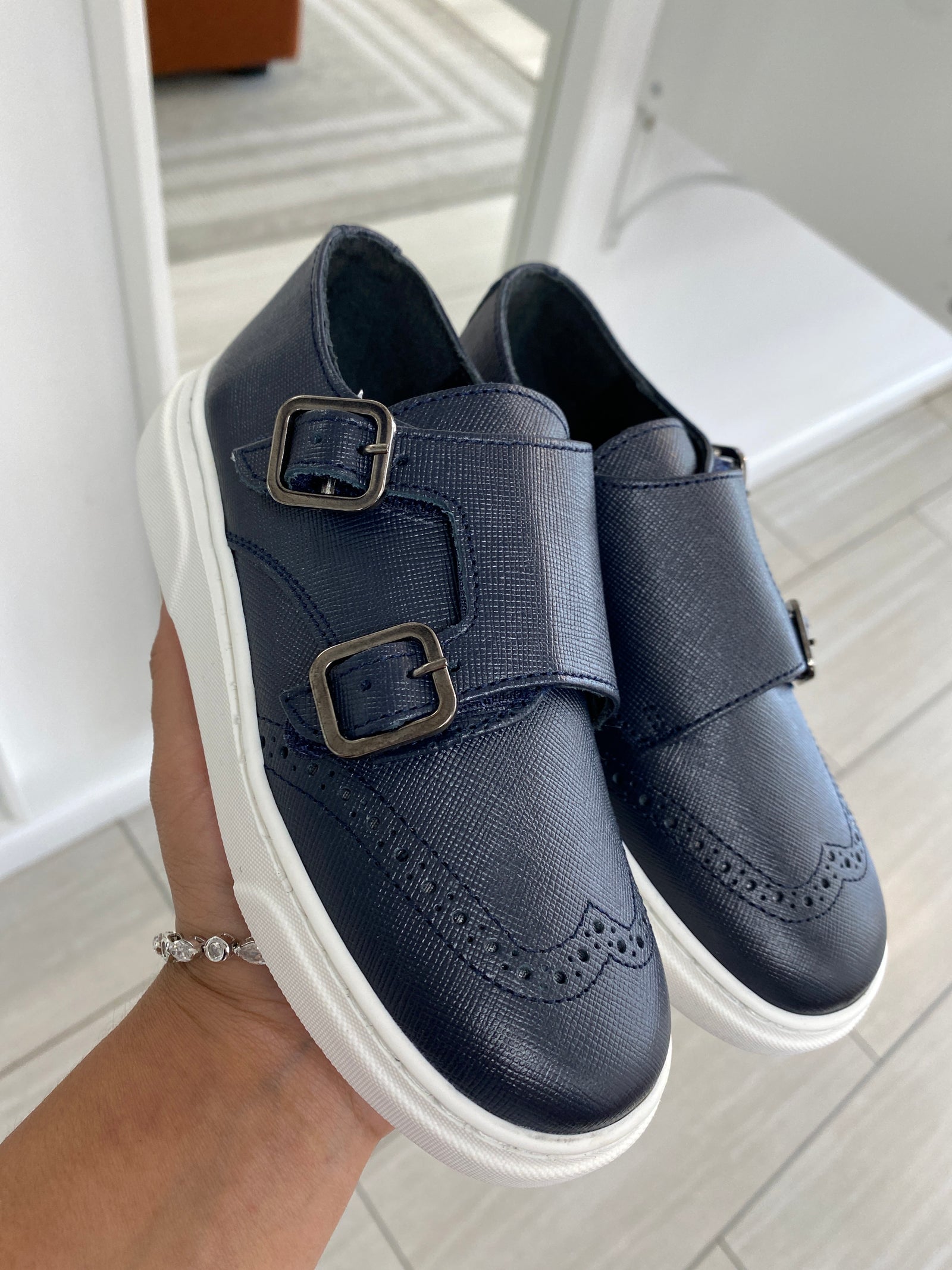 Blublonc Navy Safiano Wingtip Dress Sneaker-Tassel Children Shoes