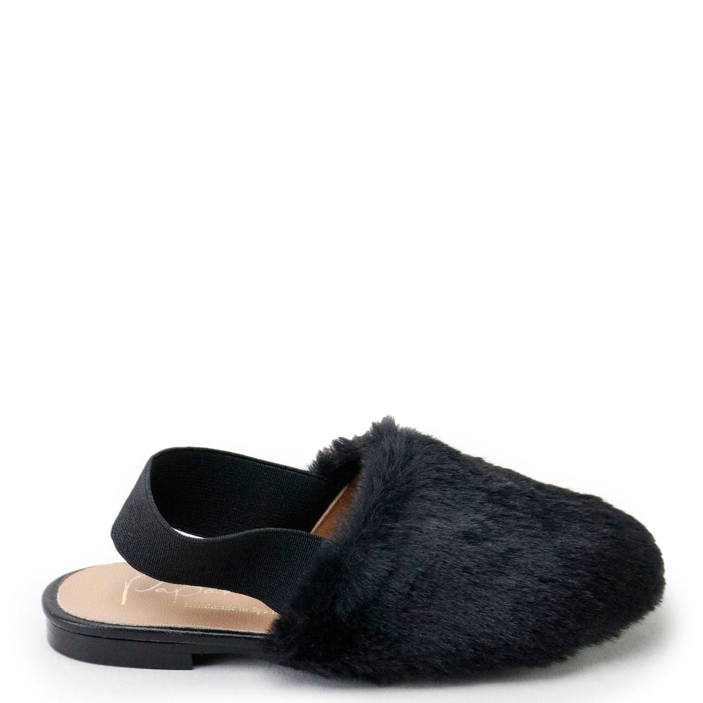 Papanatas Black Fur Slingback-Tassel Children Shoes