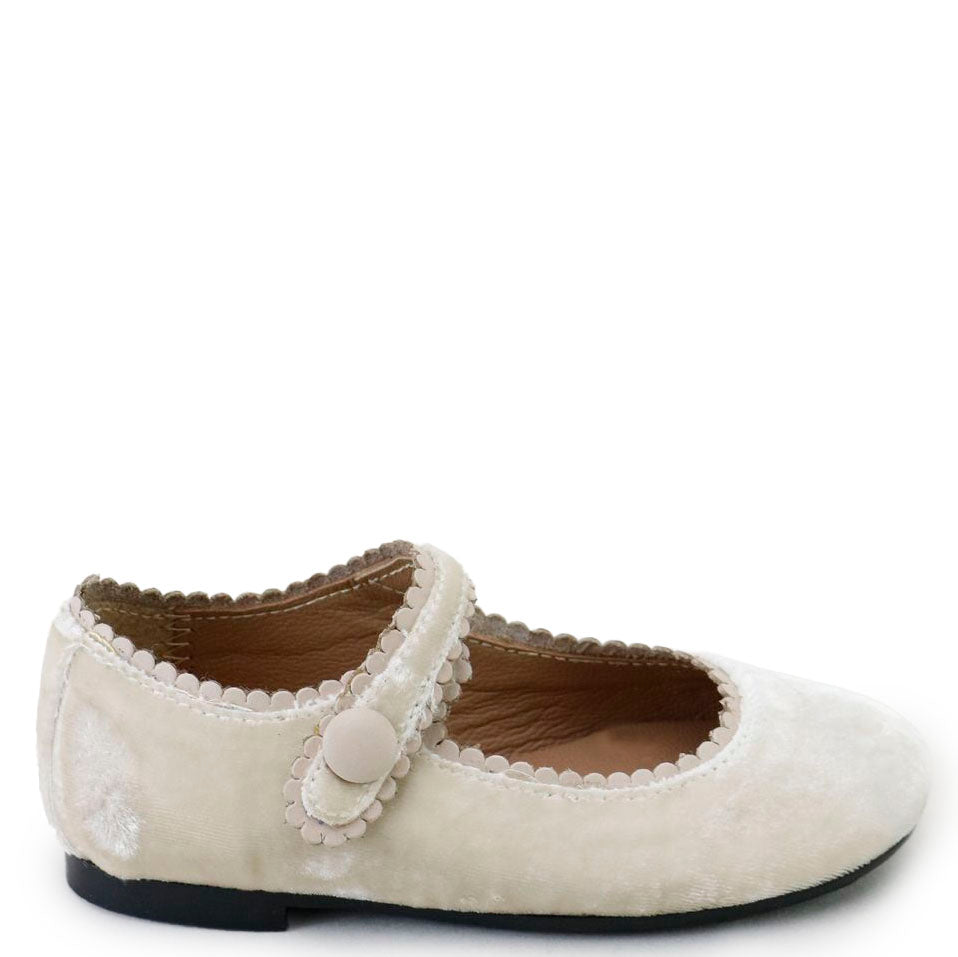 Papanatas Off White Velvet Scalloped Mary Jane-Tassel Children Shoes