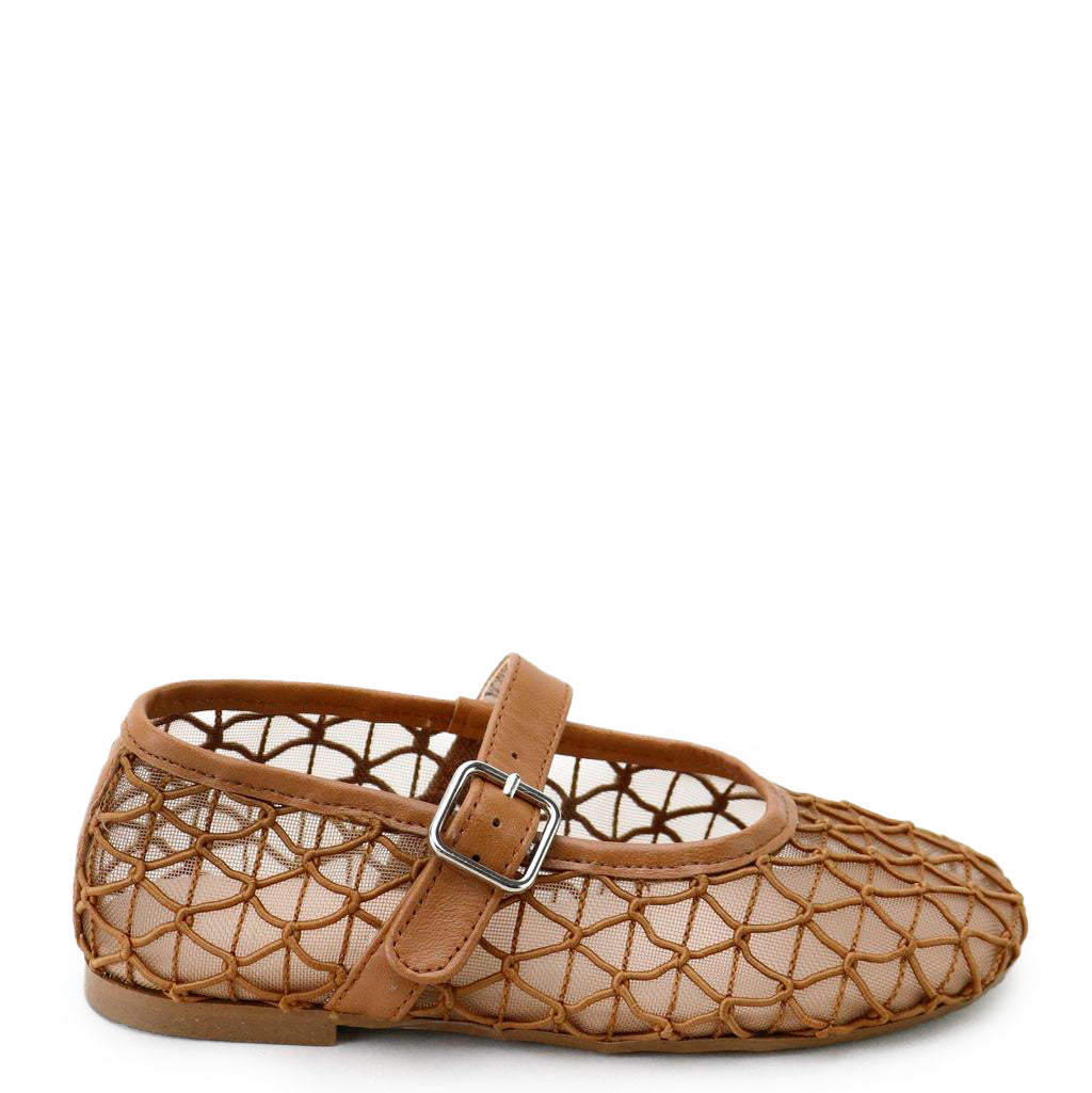 Papanatas Brown Braided Mesh Buckle Mary Jane-Tassel Children Shoes