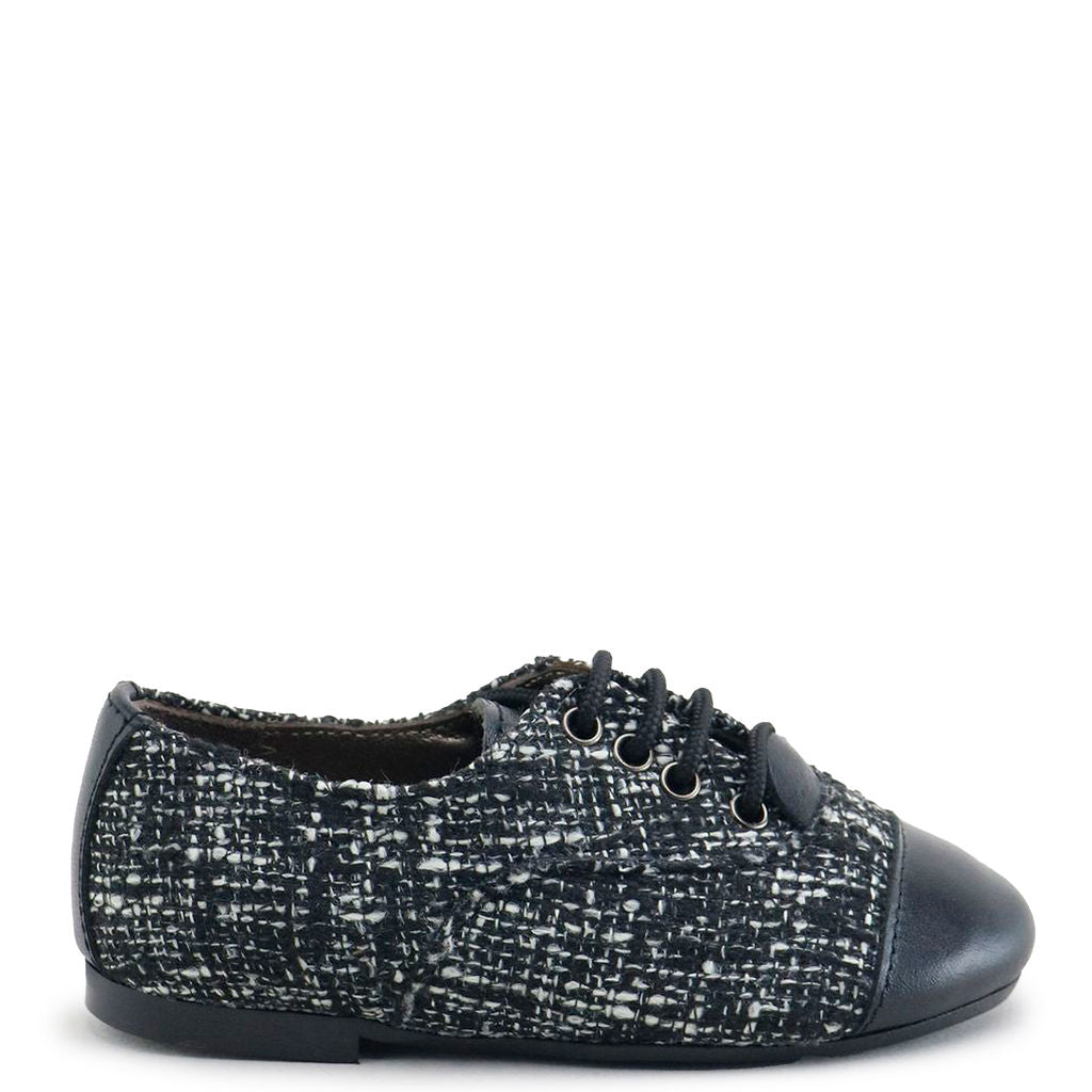 Papanatas Black and White Tweed Captoe Oxford-Tassel Children Shoes