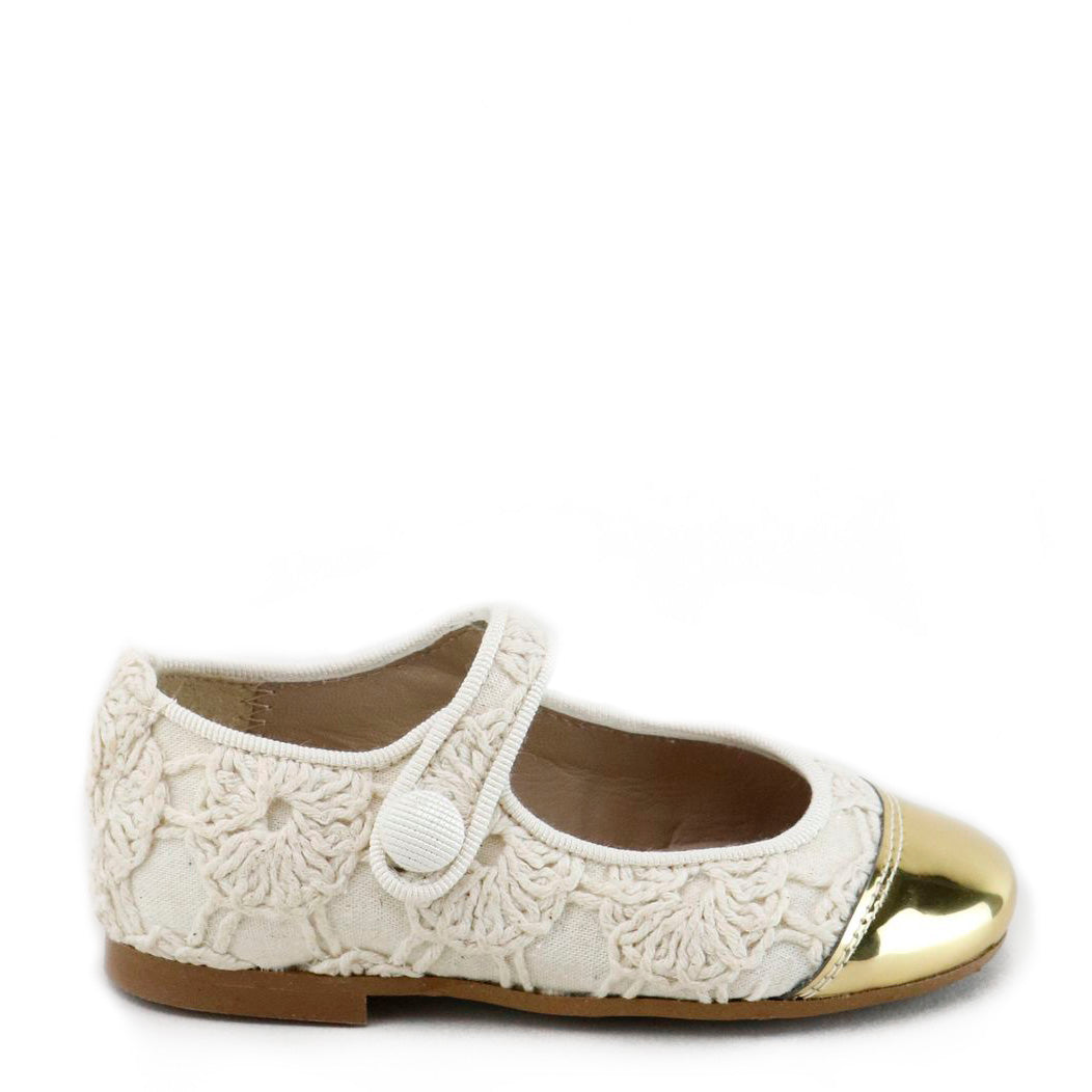 Papanatas Cream and Gold Sewn Captoe Mary Jane-Tassel Children Shoes