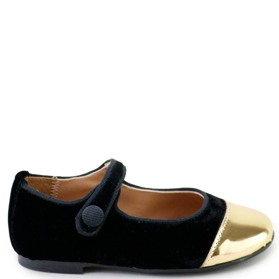 Papanatas Black Velvet and Gold Captoe Mary Jane-Tassel Children Shoes