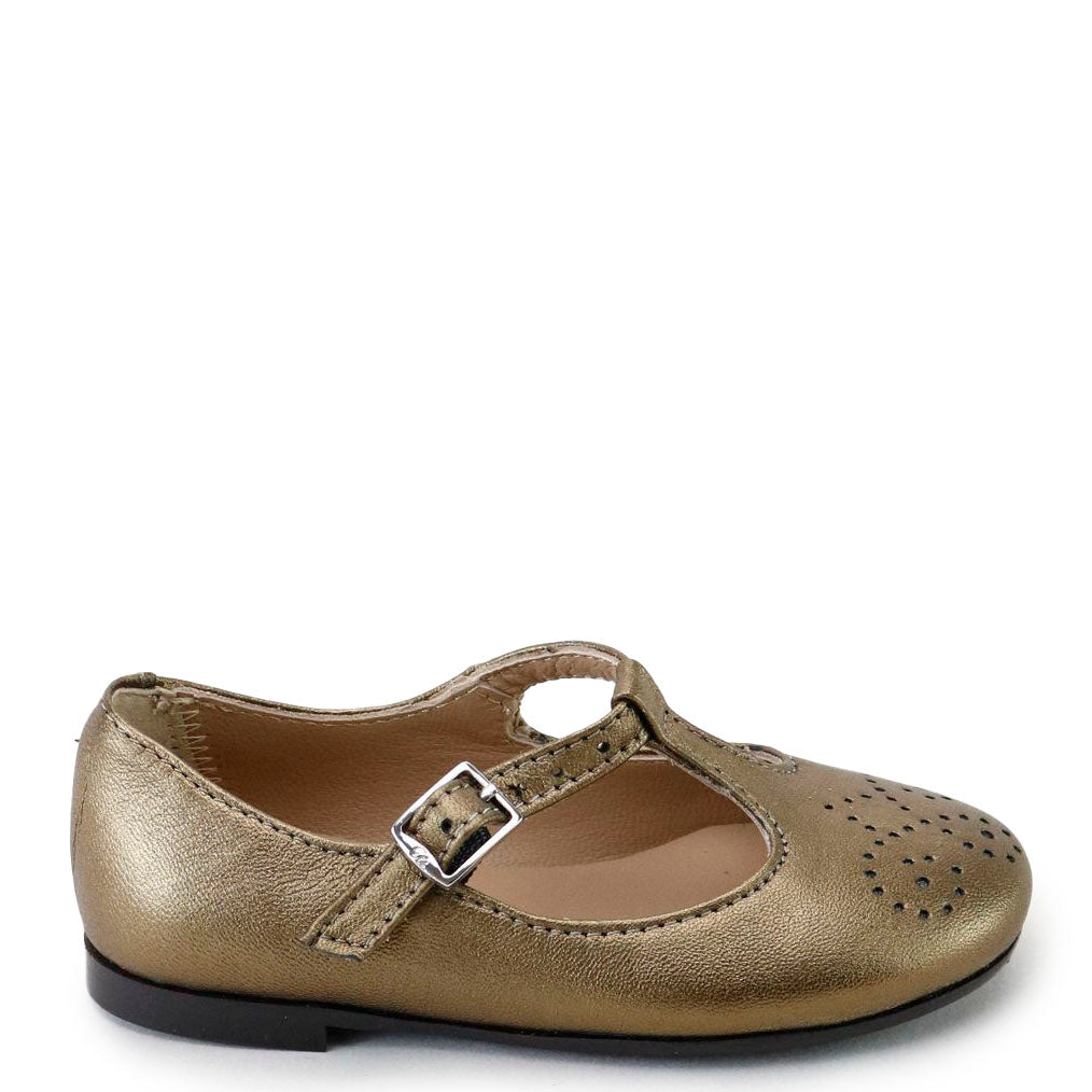 Papanatas Bronze T Strap Perf Mary Jane-Tassel Children Shoes