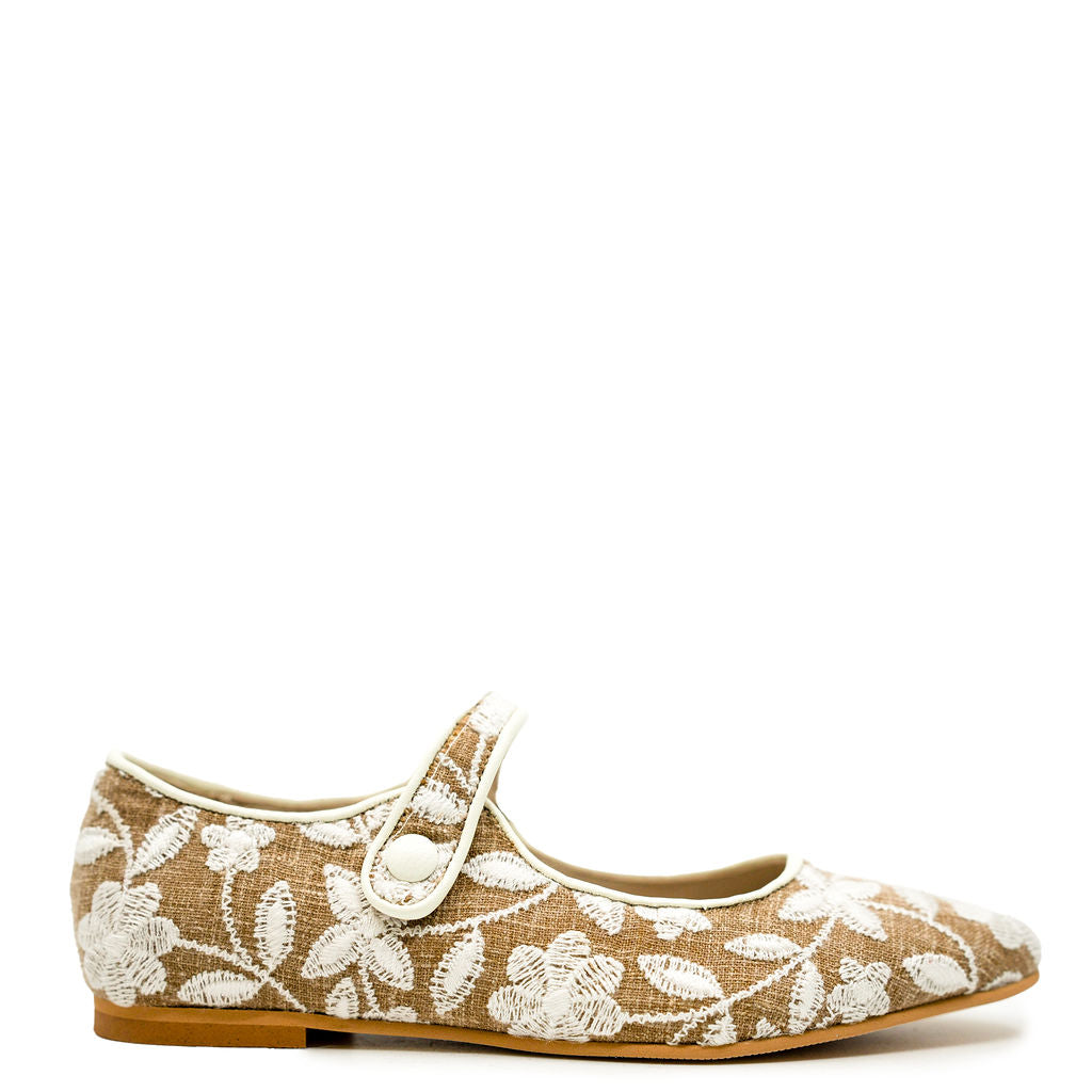 LMDI Taupe Floral Embroidered Pointed Mary Jany-Tassel Children Shoes