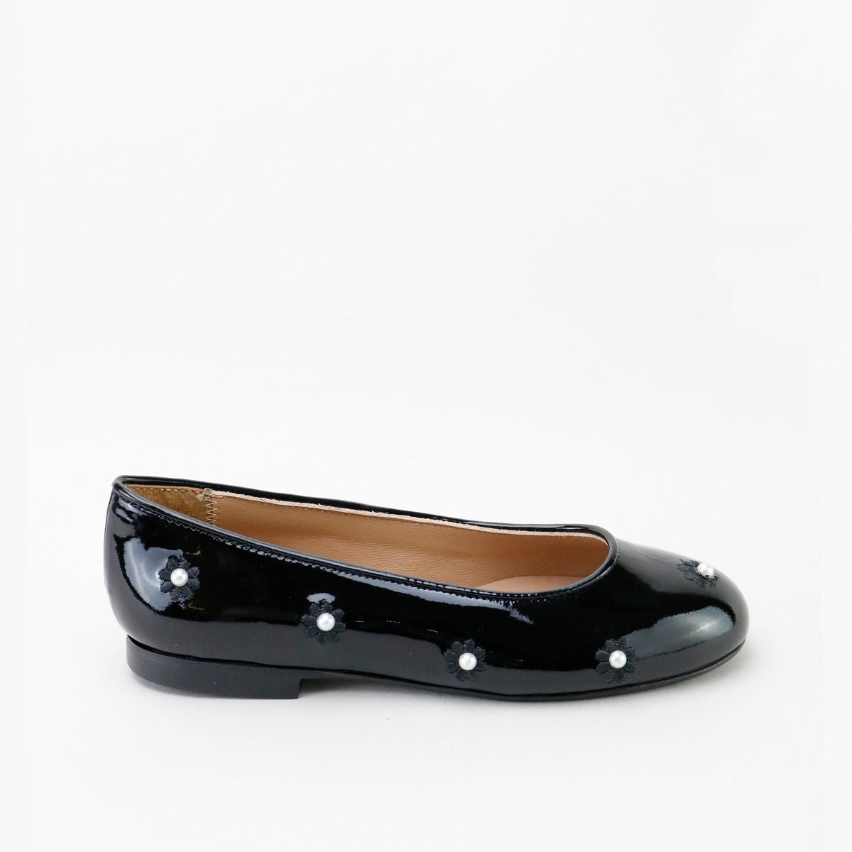Papanatas Black Patent Flower Pearl Ballet Flat-Tassel Children Shoes