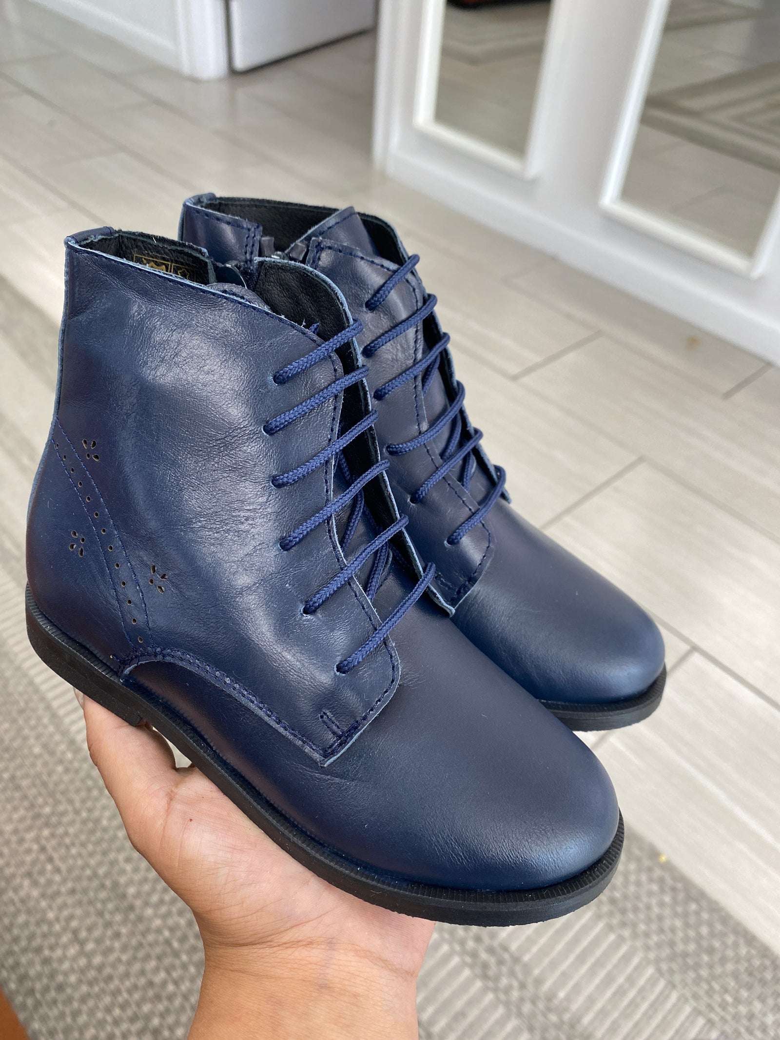 Spain+Co Navy Leather Perforated Boot-Tassel Children Shoes