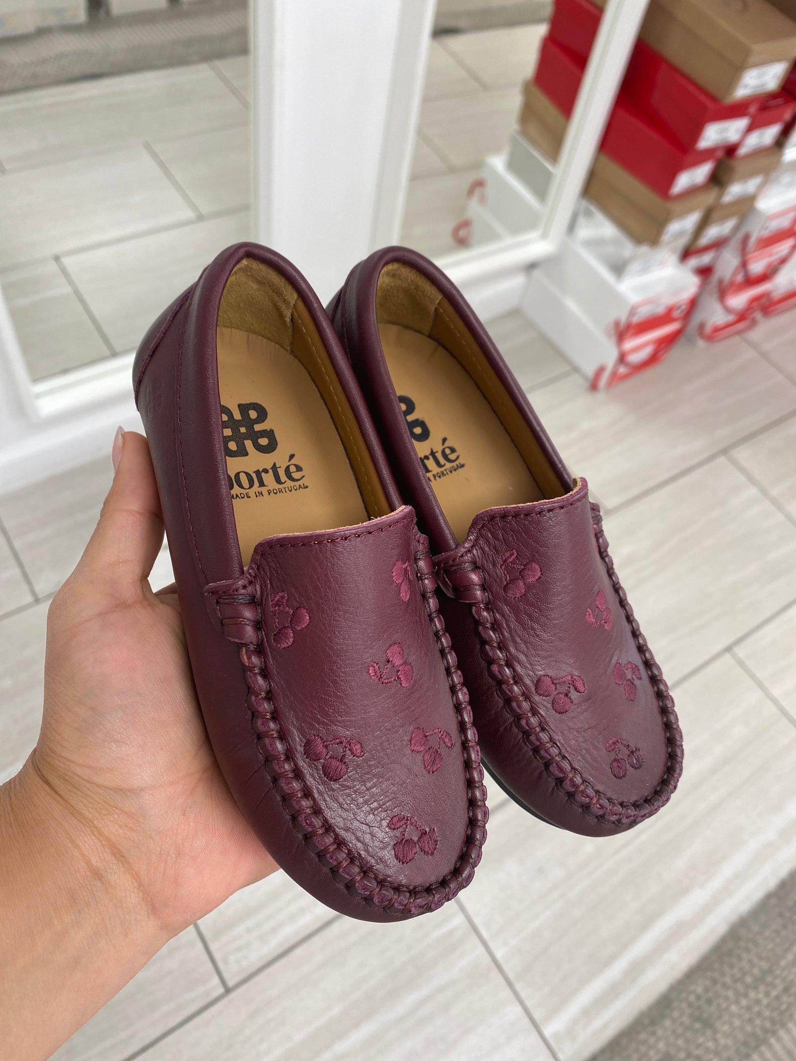 Porte Dark Burgundy Cherry Embroidered Loafer-Tassel Children Shoes