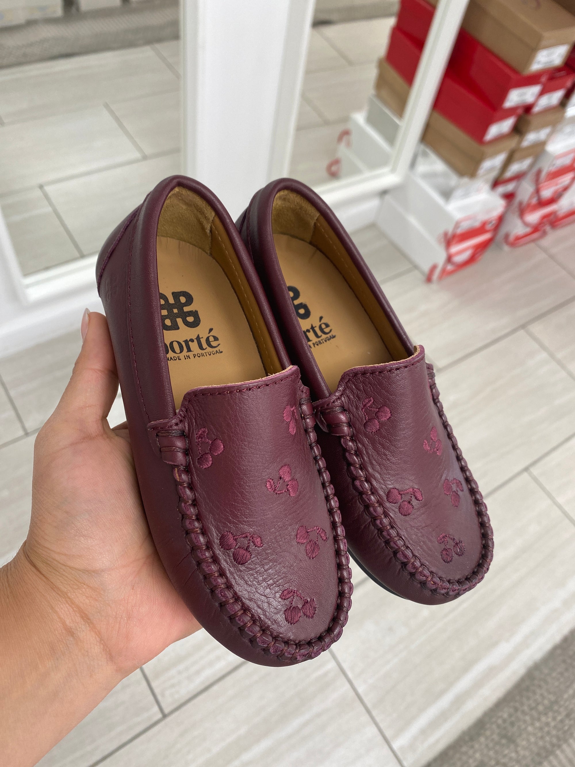 Porte Dark Burgundy Cherry Embroidered Loafer-Tassel Children Shoes