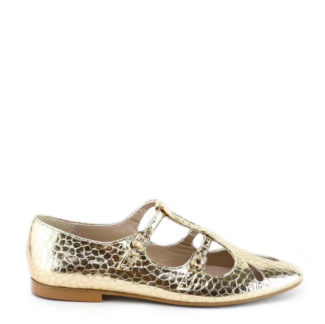 Papanatas Gold Croc Pointed Double Strap Mary Jane-Tassel Children Shoes