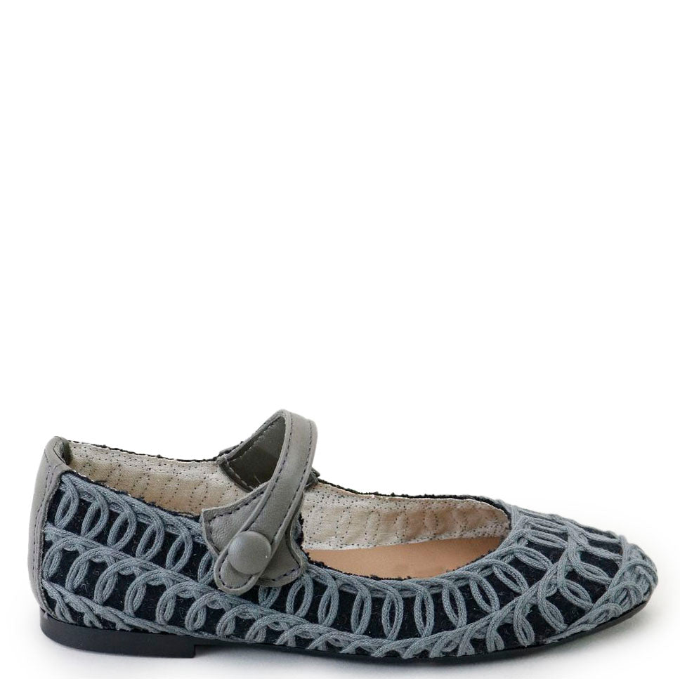 Papanatas Gray and Black Basket Pointed Mary Jane-Tassel Children Shoes