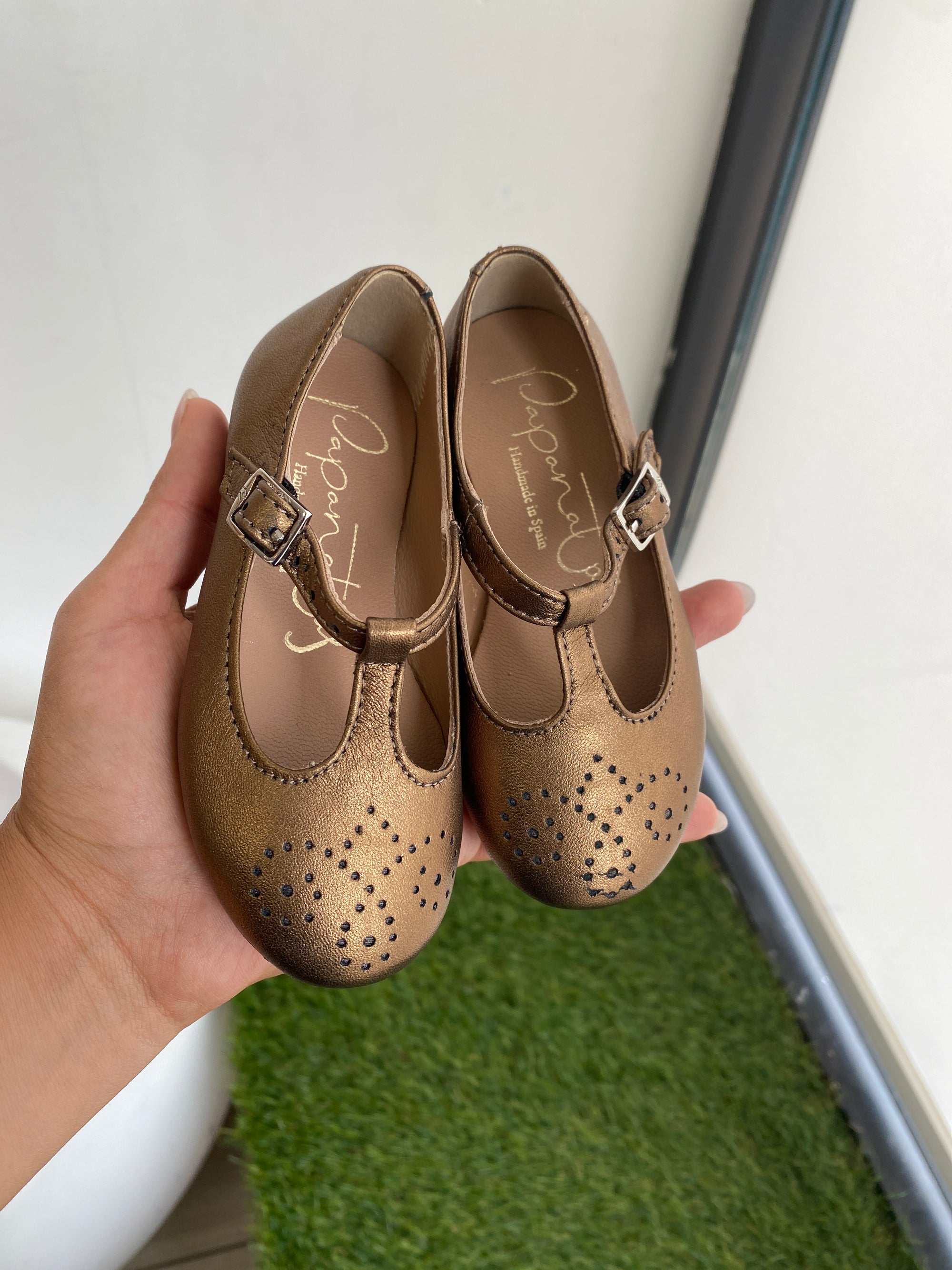 Papanatas Bronze T Strap Perf Mary Jane-Tassel Children Shoes
