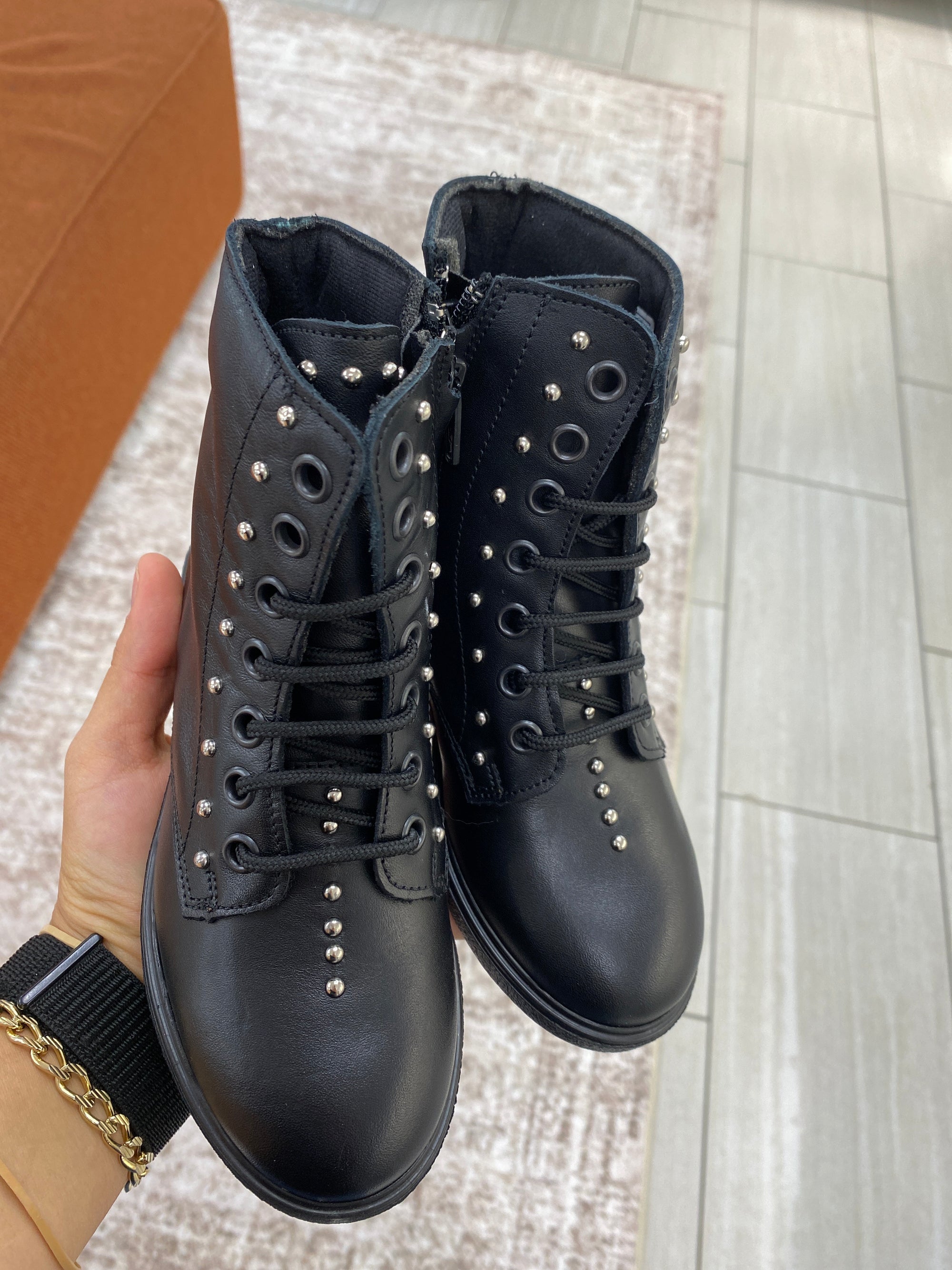 Blublonc Black Leather Stud Boot-Tassel Children Shoes