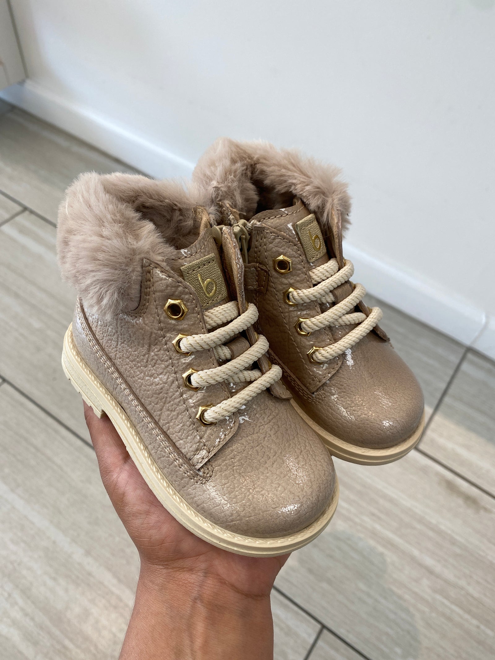 Beberlis Taupe Stone Fur Trim Baby Bootie-Tassel Children Shoes