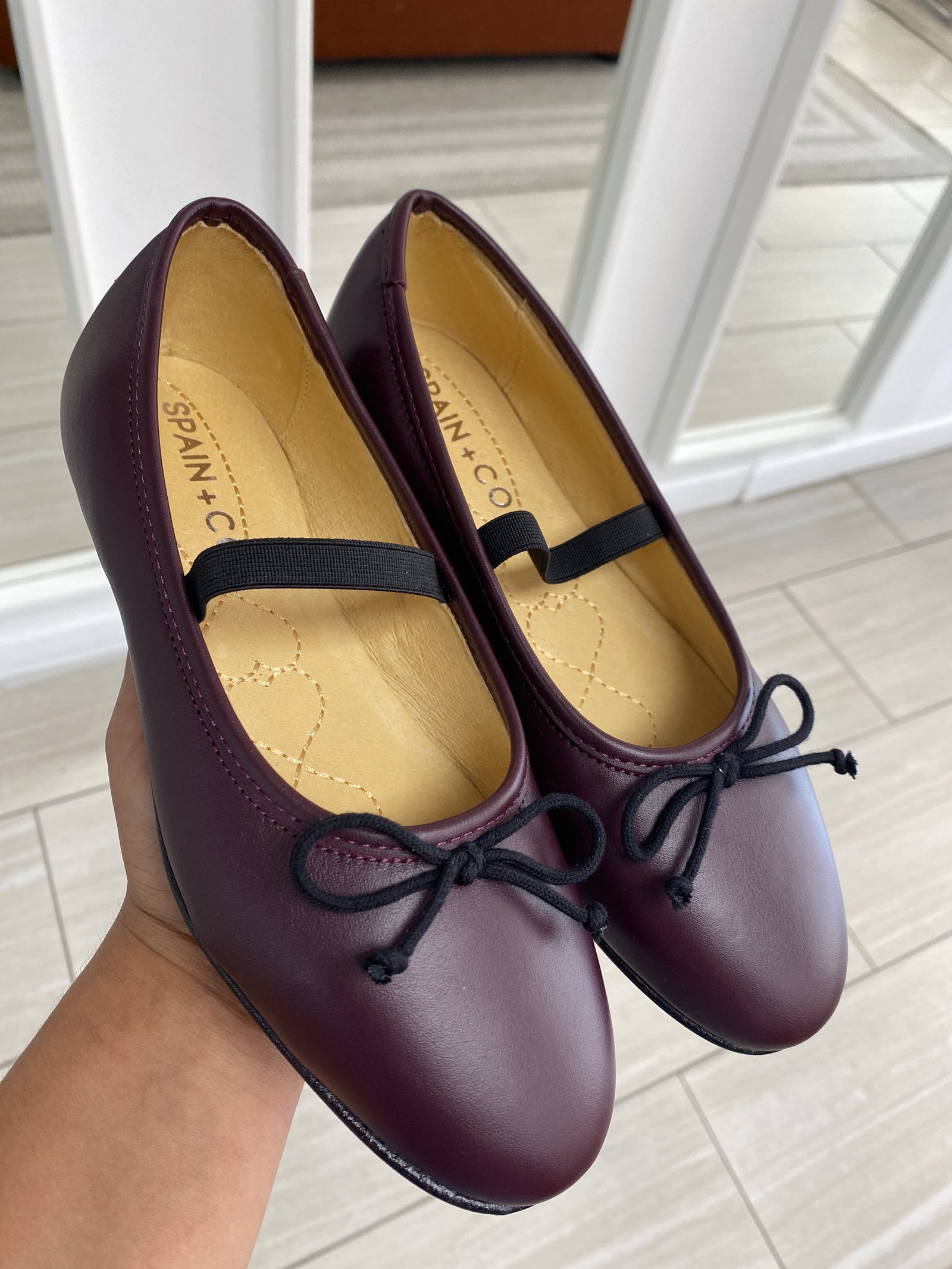 Spain+Co Burgundy Leather Elastic Flat-Tassel Children Shoes