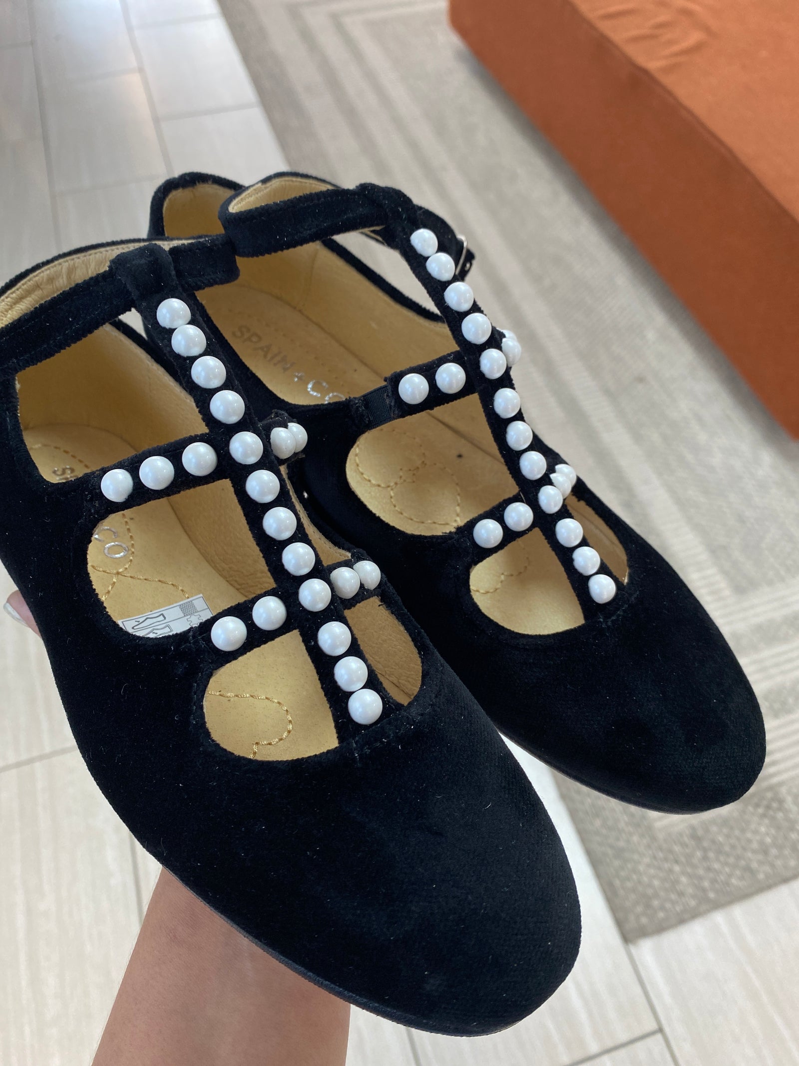 Spain+Co Black Velvet Pearl Mary Jane-Tassel Children Shoes