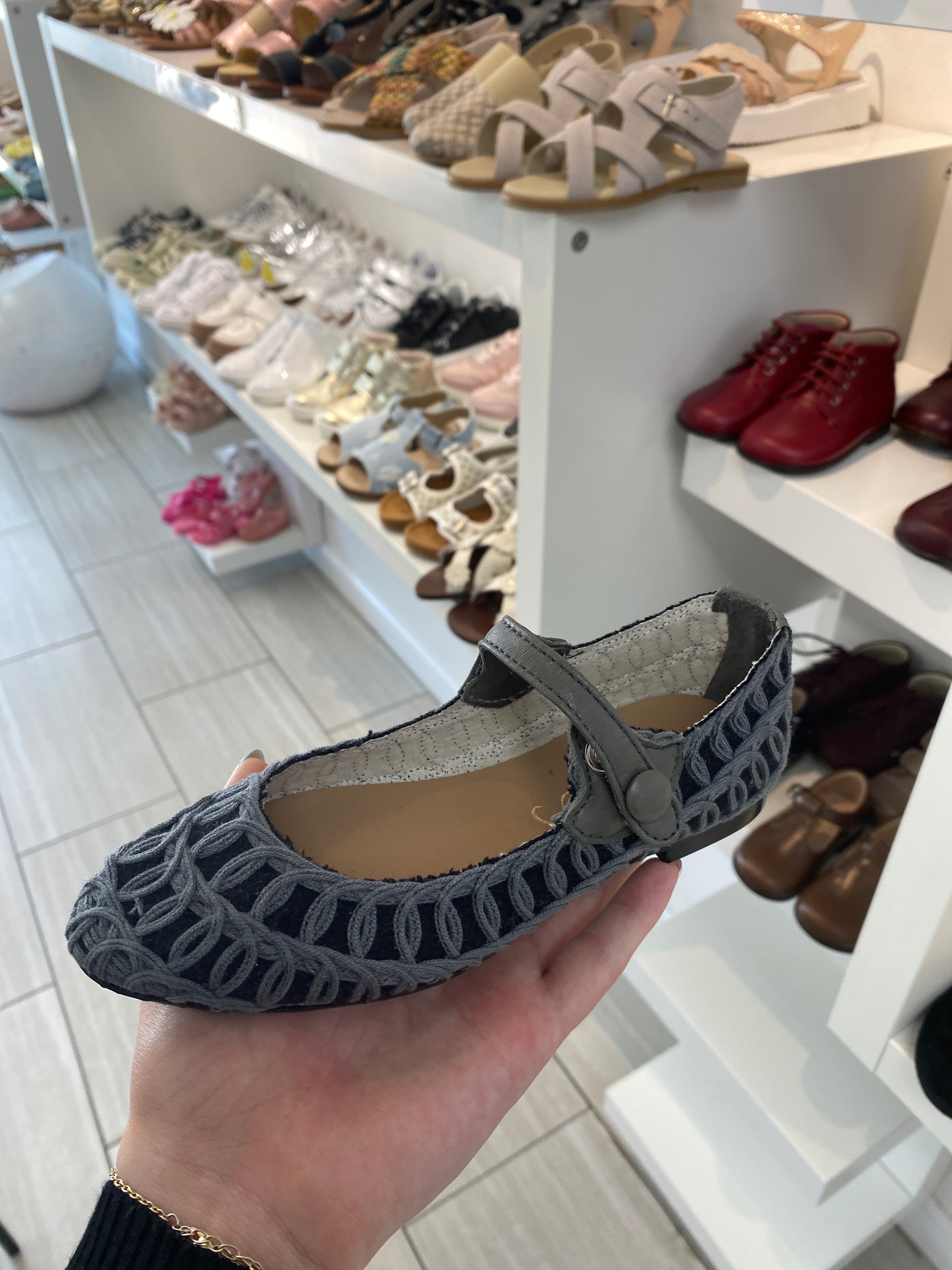 Papanatas Gray and Black Basket Pointed Mary Jane-Tassel Children Shoes