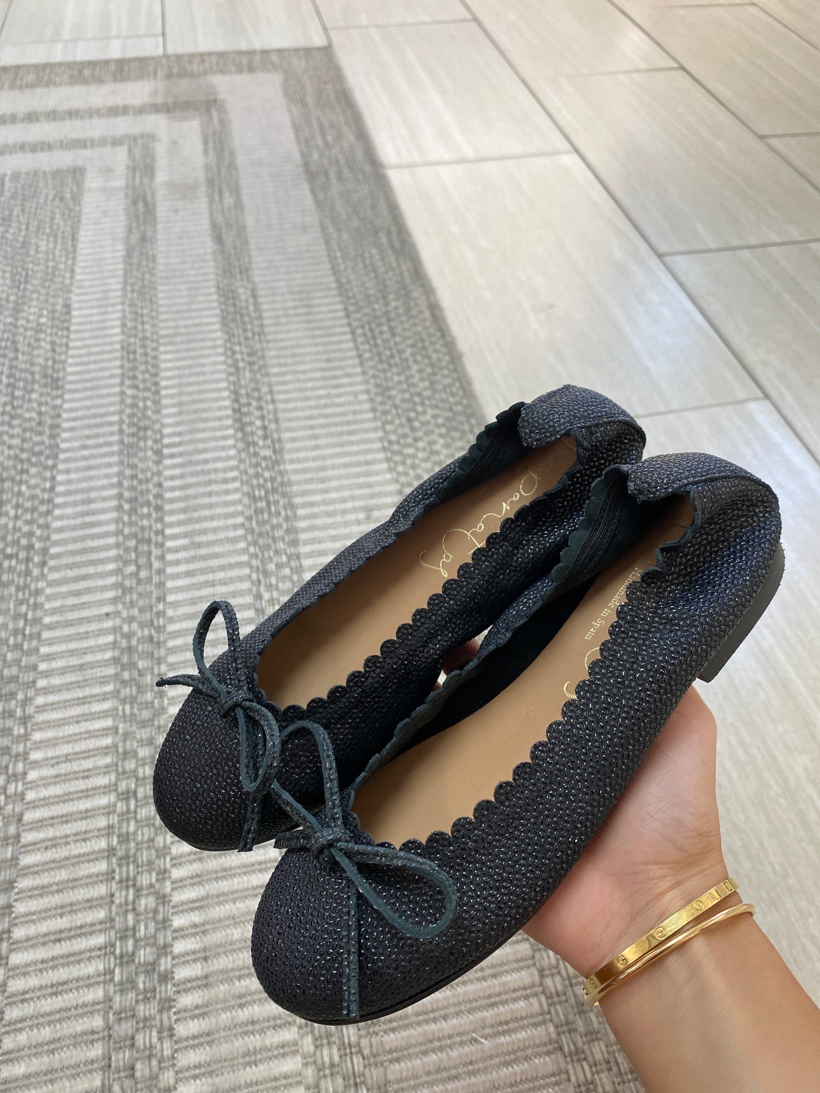 Papanatas Black Scalloped Textured Bow Ballet Flat-Tassel Children Shoes