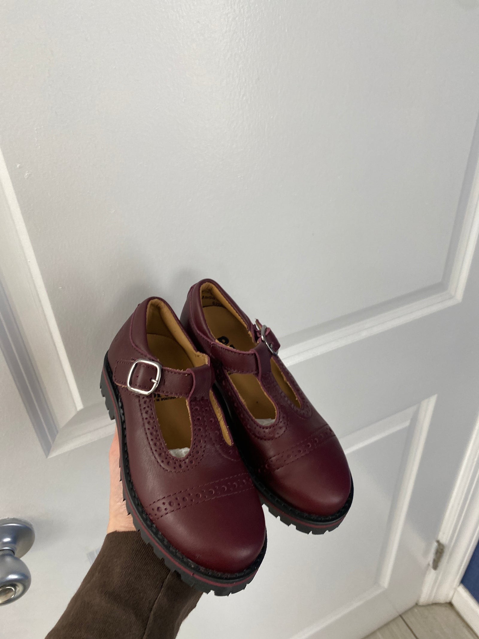 Porte Burgundy Chunky T Strap Loafer-Tassel Children Shoes