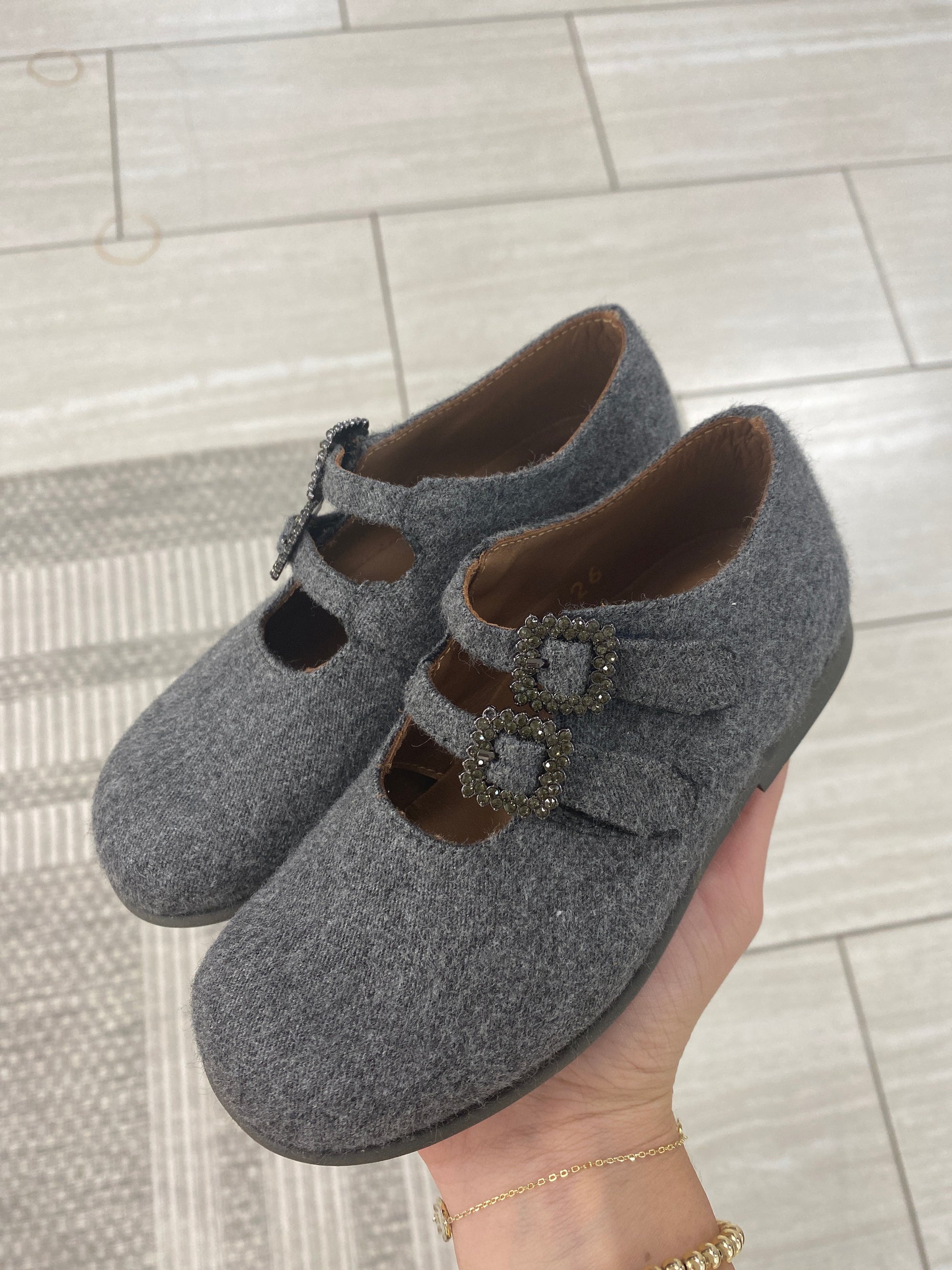 Pepe Gray Wool Double Strap Mary Jane-Tassel Children Shoes
