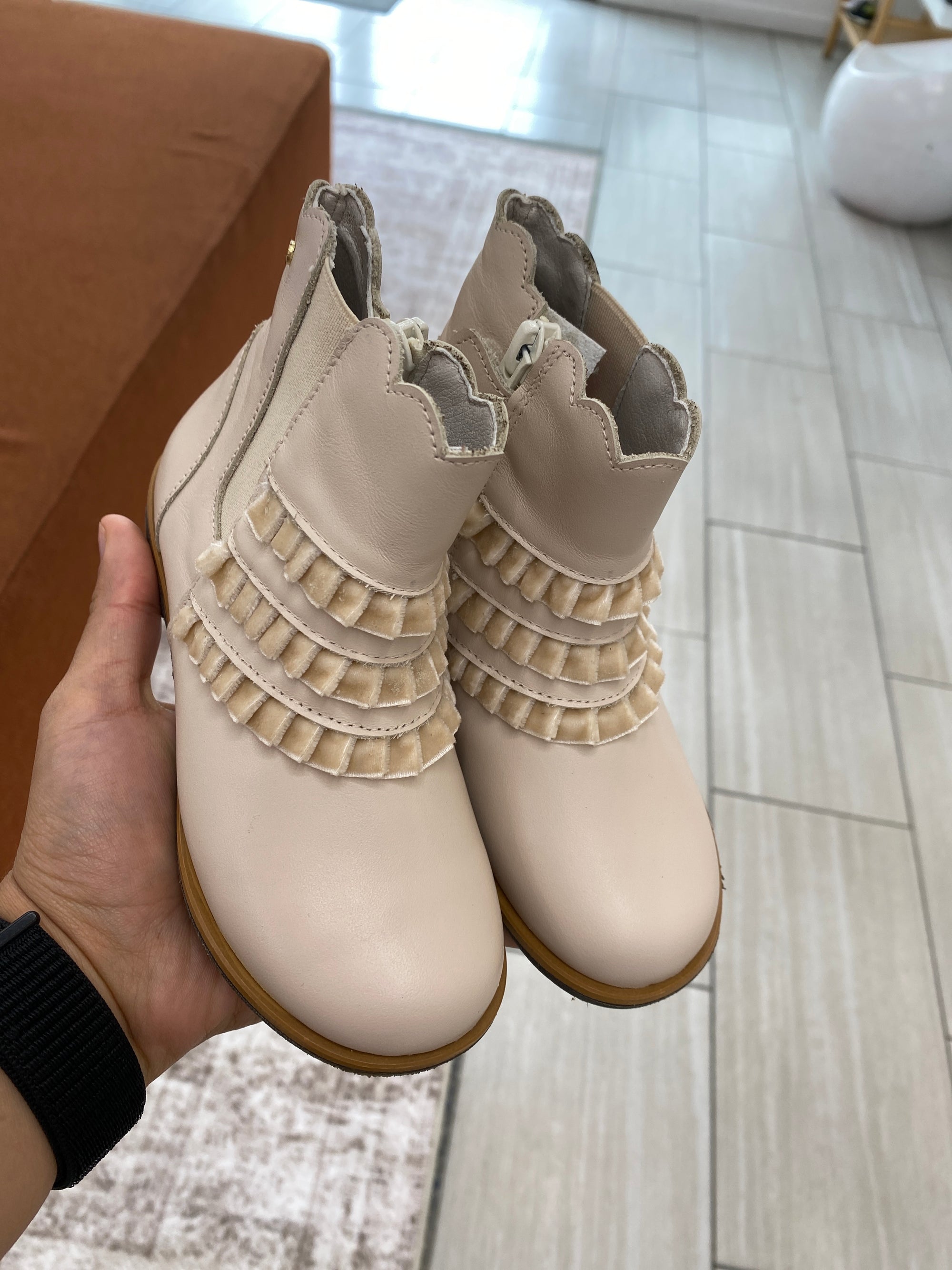 Manuela Cream Velvet Ruffle Zipper Bootie-Tassel Children Shoes