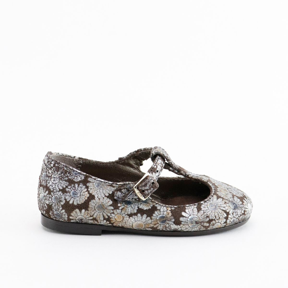 Papanatas Brown and Silver Floral T-Strap Mary Jane-Tassel Children Shoes