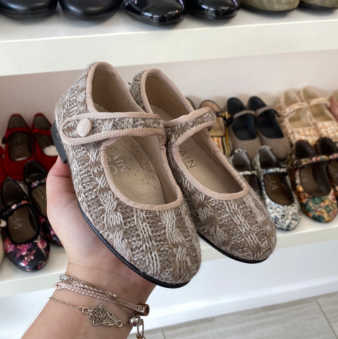 Spain+Co Taupe Knit Mary Jane-Tassel Children Shoes