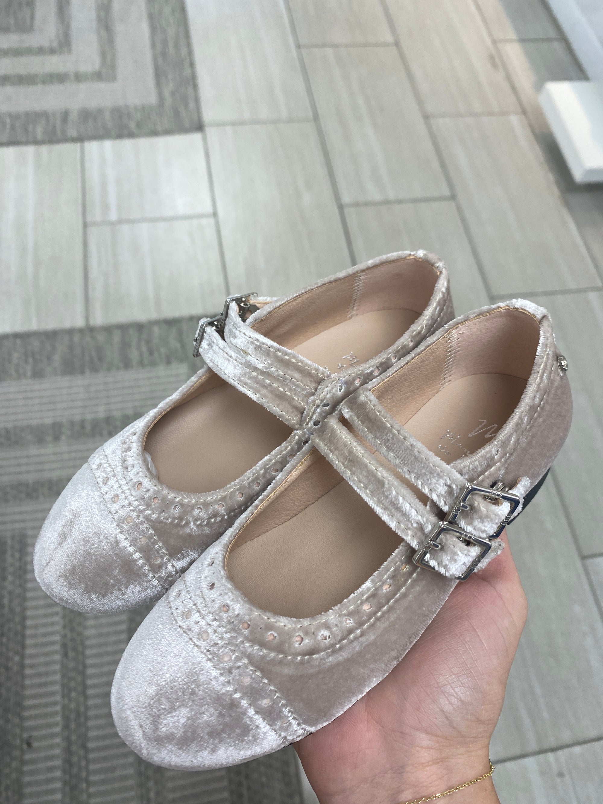 Manuela Taupe Velvet Double Strap Mary Jane-Tassel Children Shoes