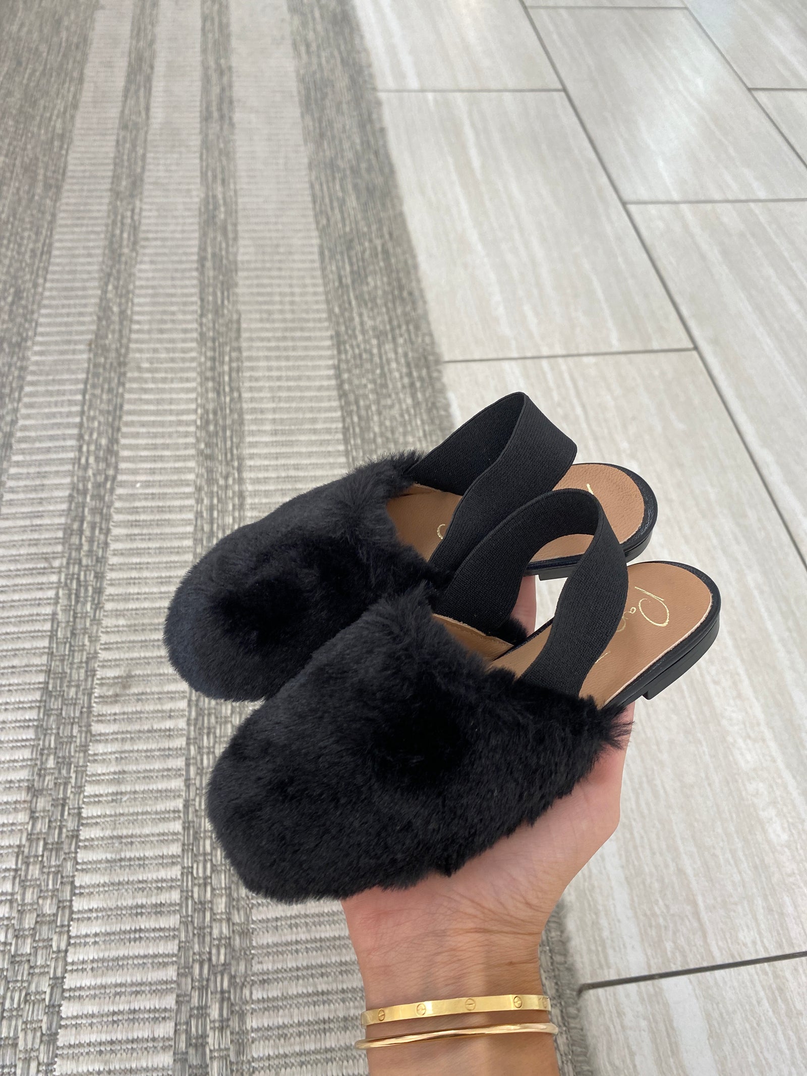 Papanatas Black Fur Slingback-Tassel Children Shoes