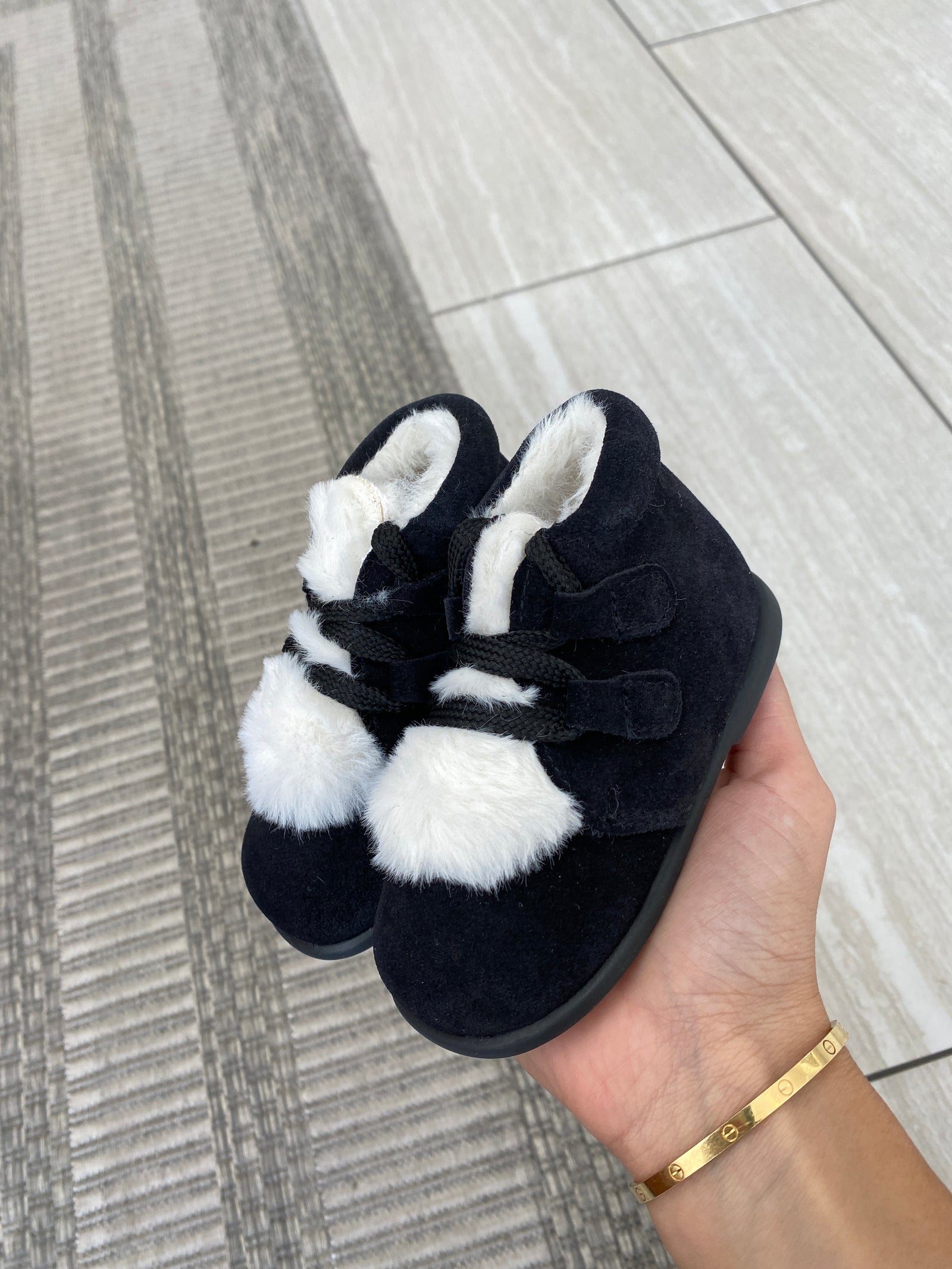 Papanatas Black and White Fur Lace Baby Bootie-Tassel Children Shoes