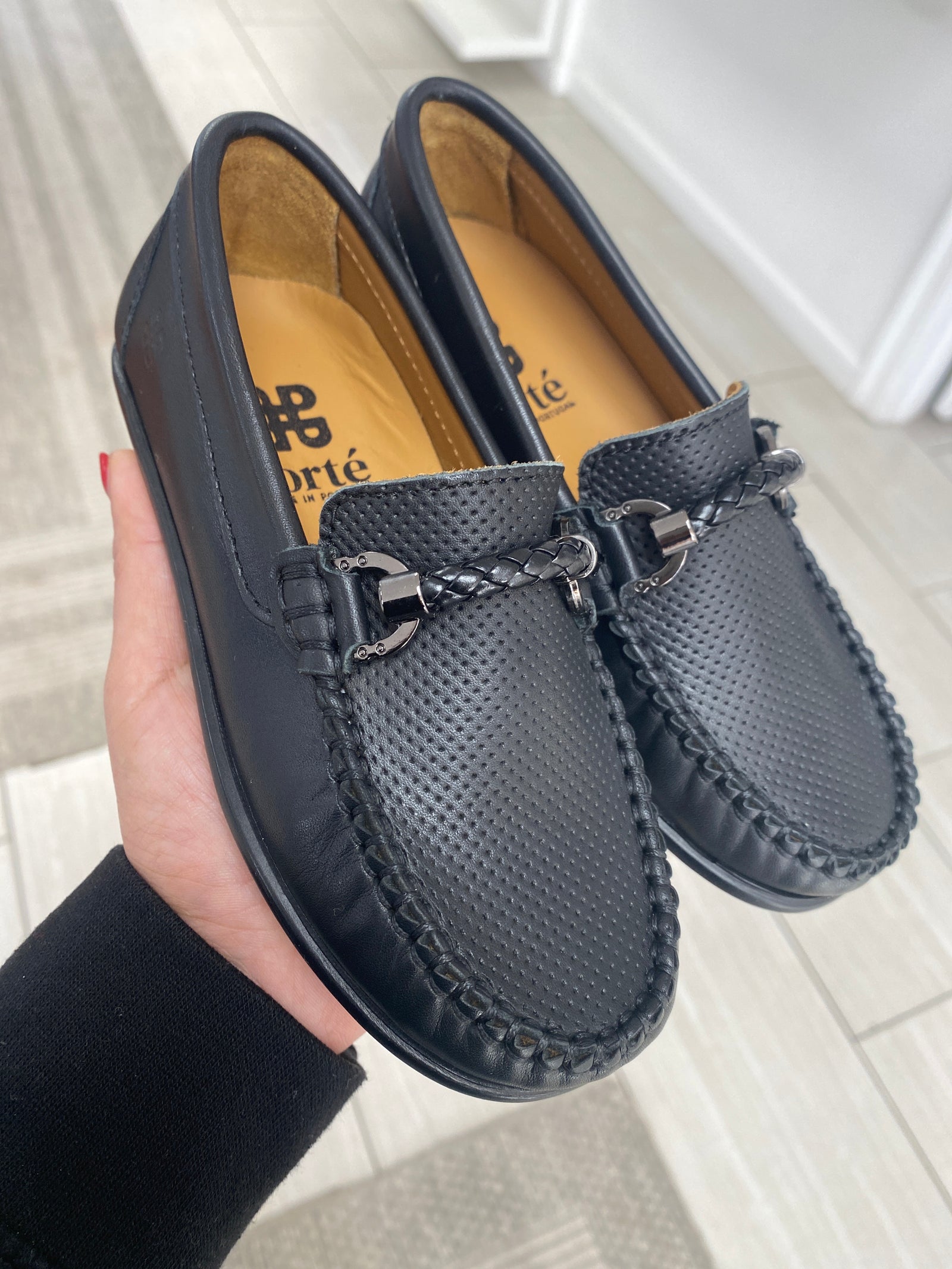 Porte Black Perforated Buckle Loafer-Tassel Children Shoes