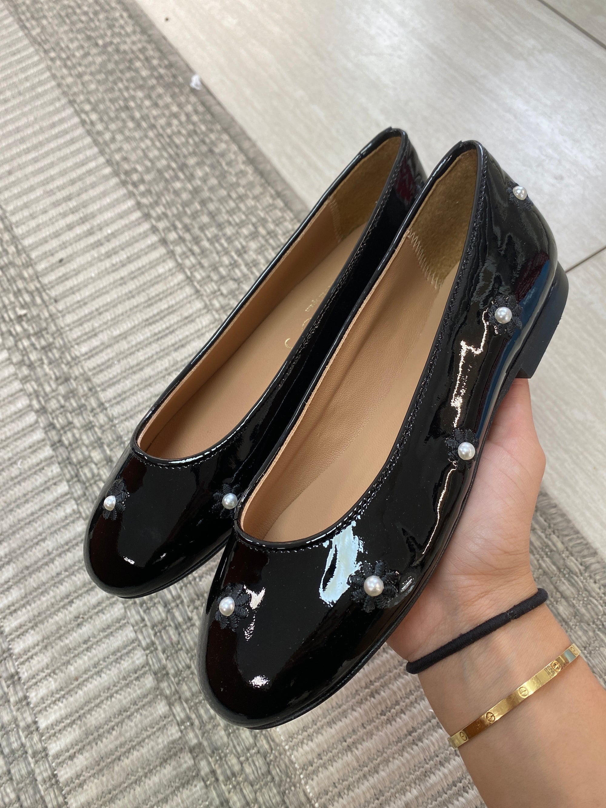 Papanatas Black Patent Flower Pearl Ballet Flat-Tassel Children Shoes