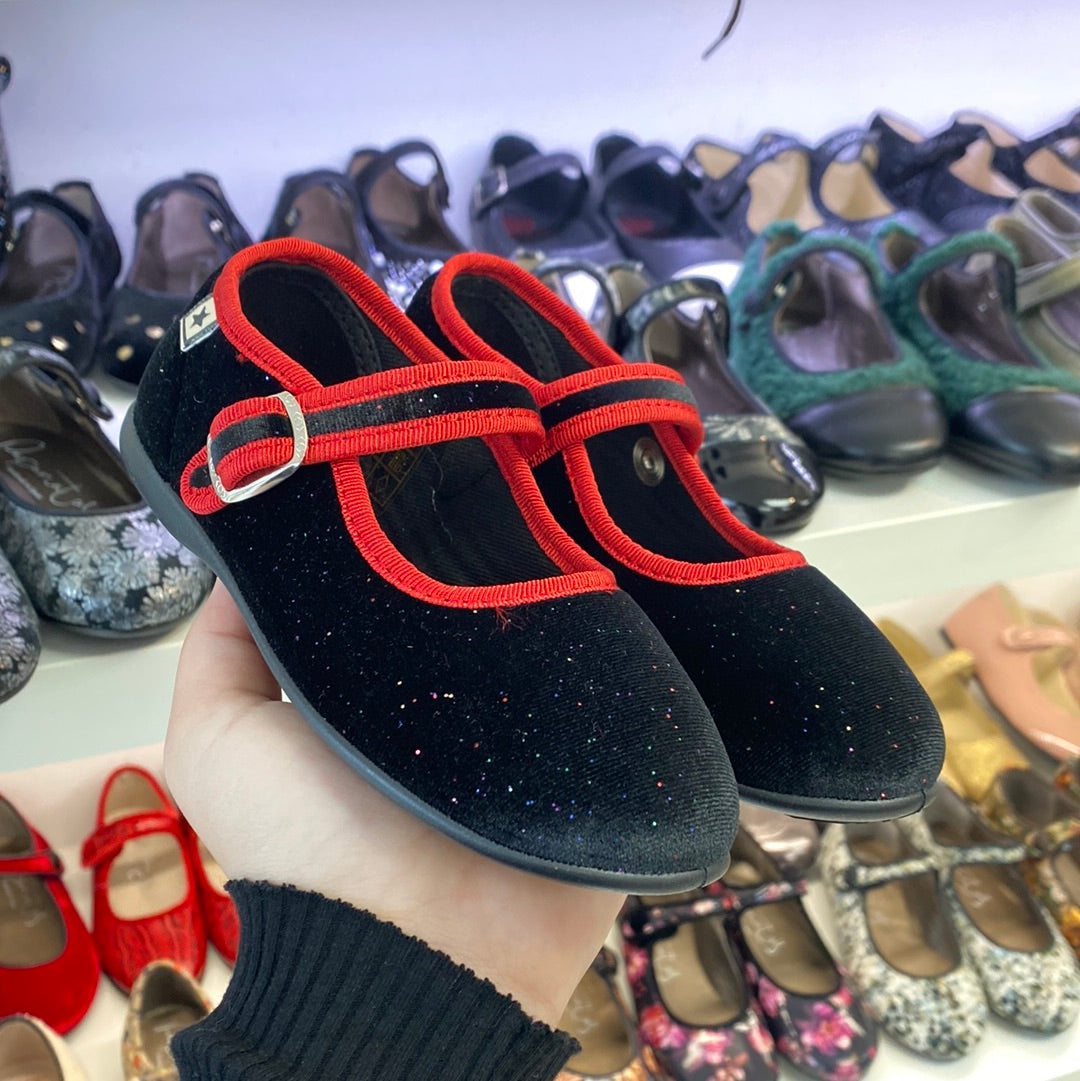 Bonton Black Sparkle Velvet Red Piping Mary Jane-Tassel Children Shoes
