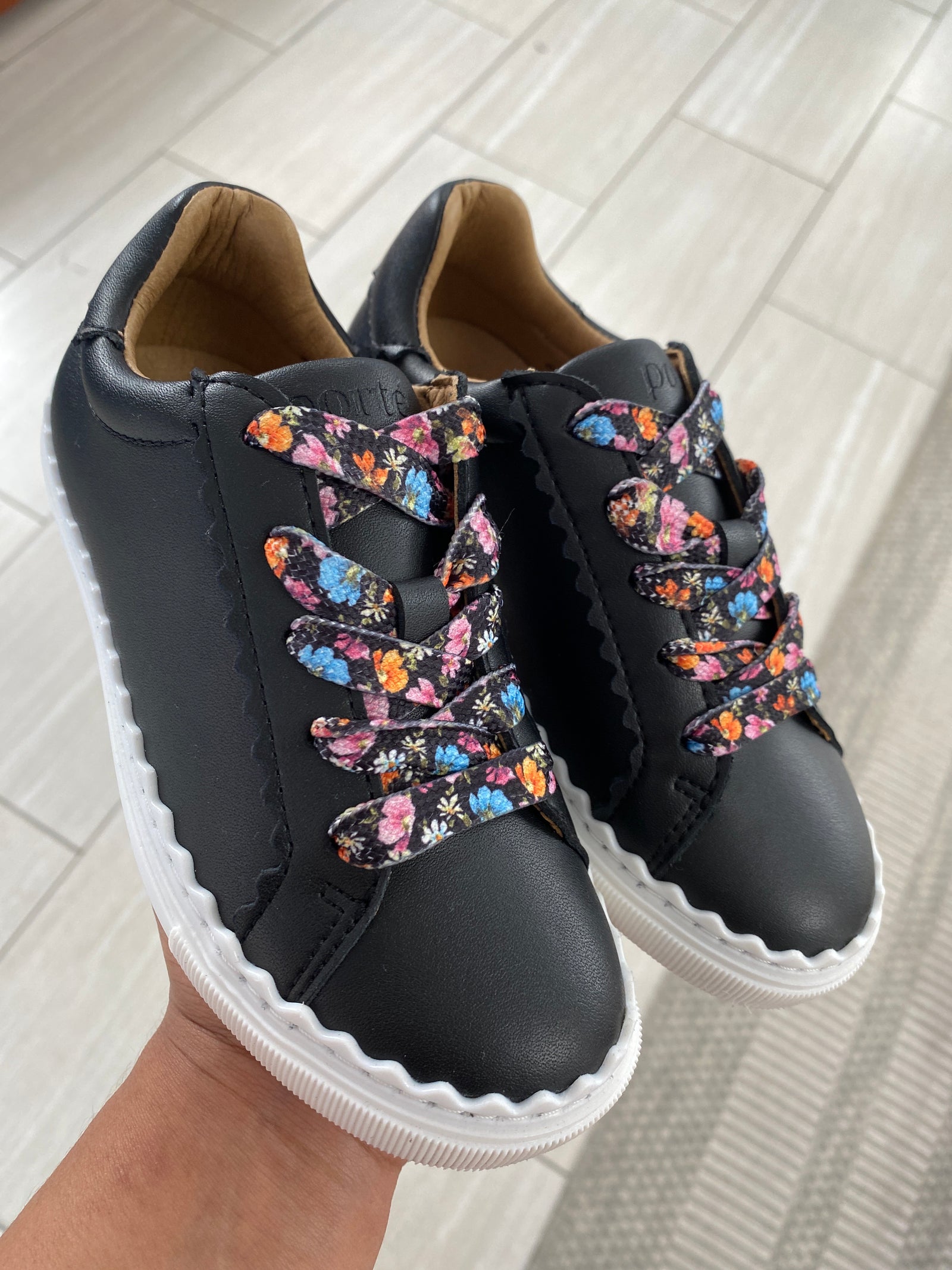 Porte Black Floral Lace Scalloped Sneaker-Tassel Children Shoes