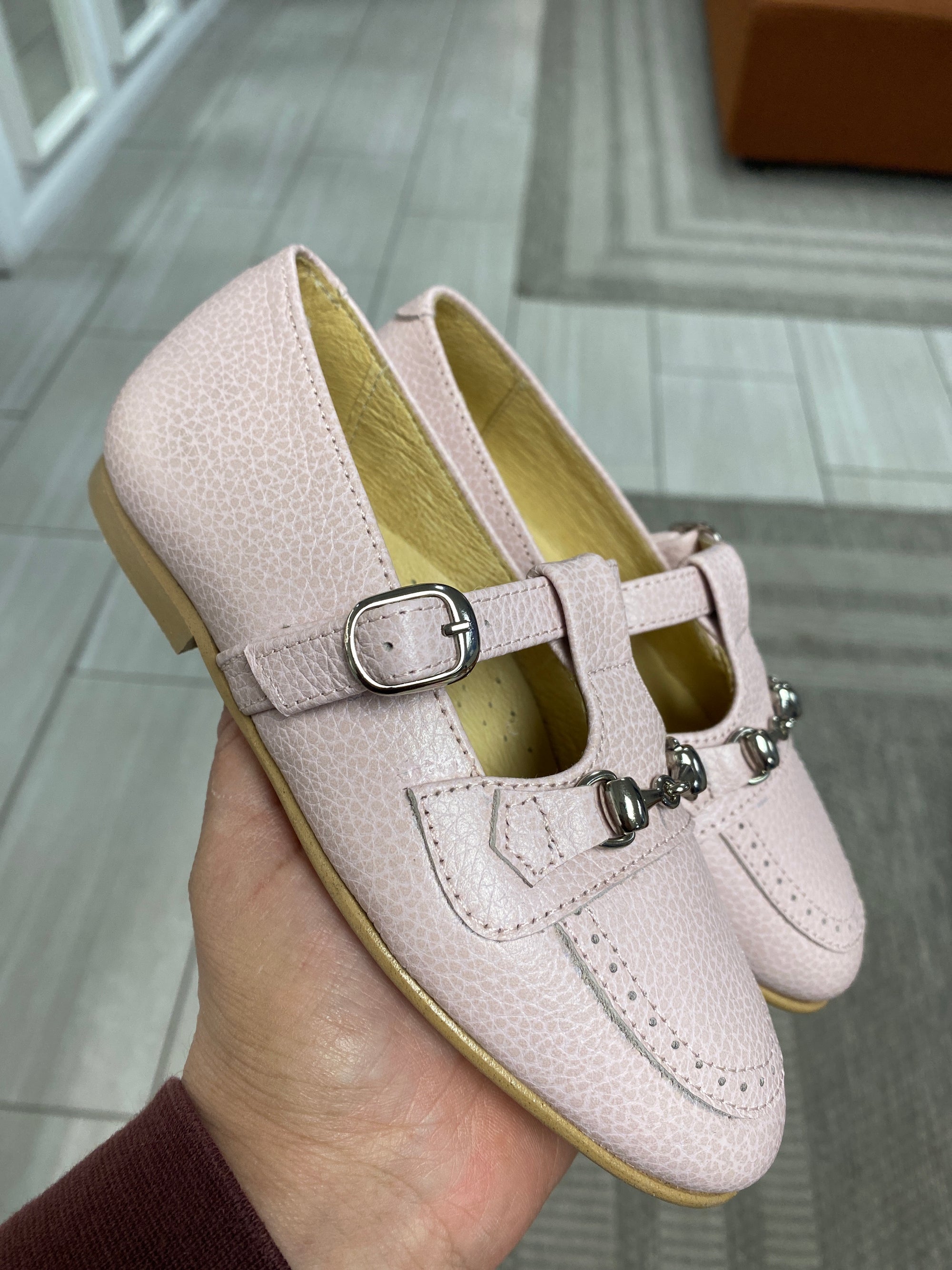 Spain+Co Pink Pebbled T Strap Loafer-Tassel Children Shoes