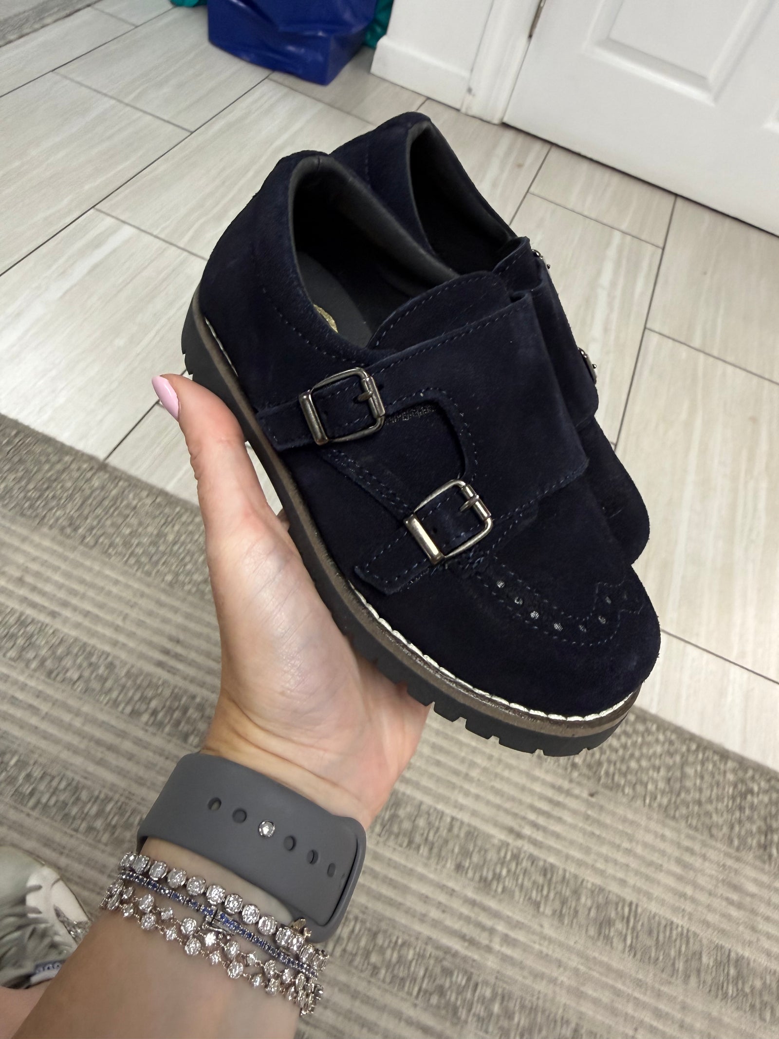 Blublonc Navy Suede Wingtip Monk Loafer-Tassel Children Shoes