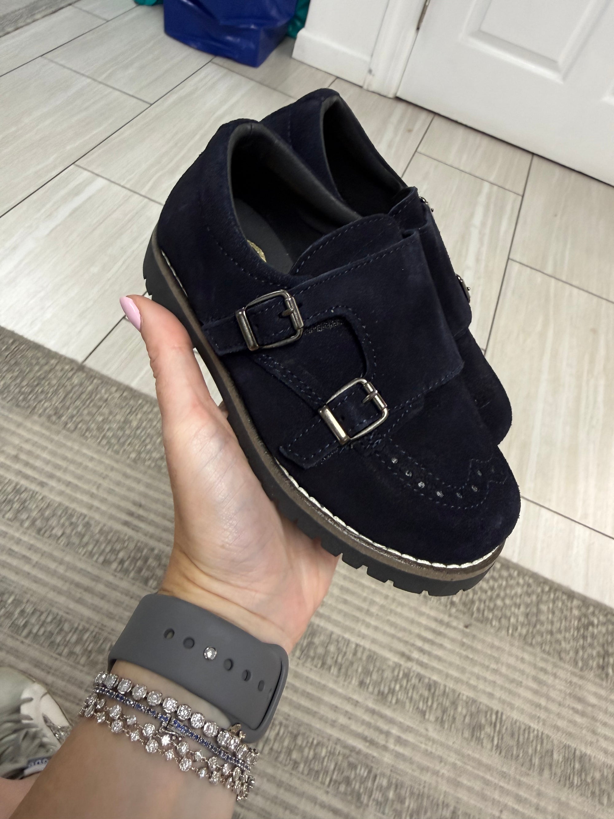 Blublonc Navy Suede Wingtip Monk Loafer