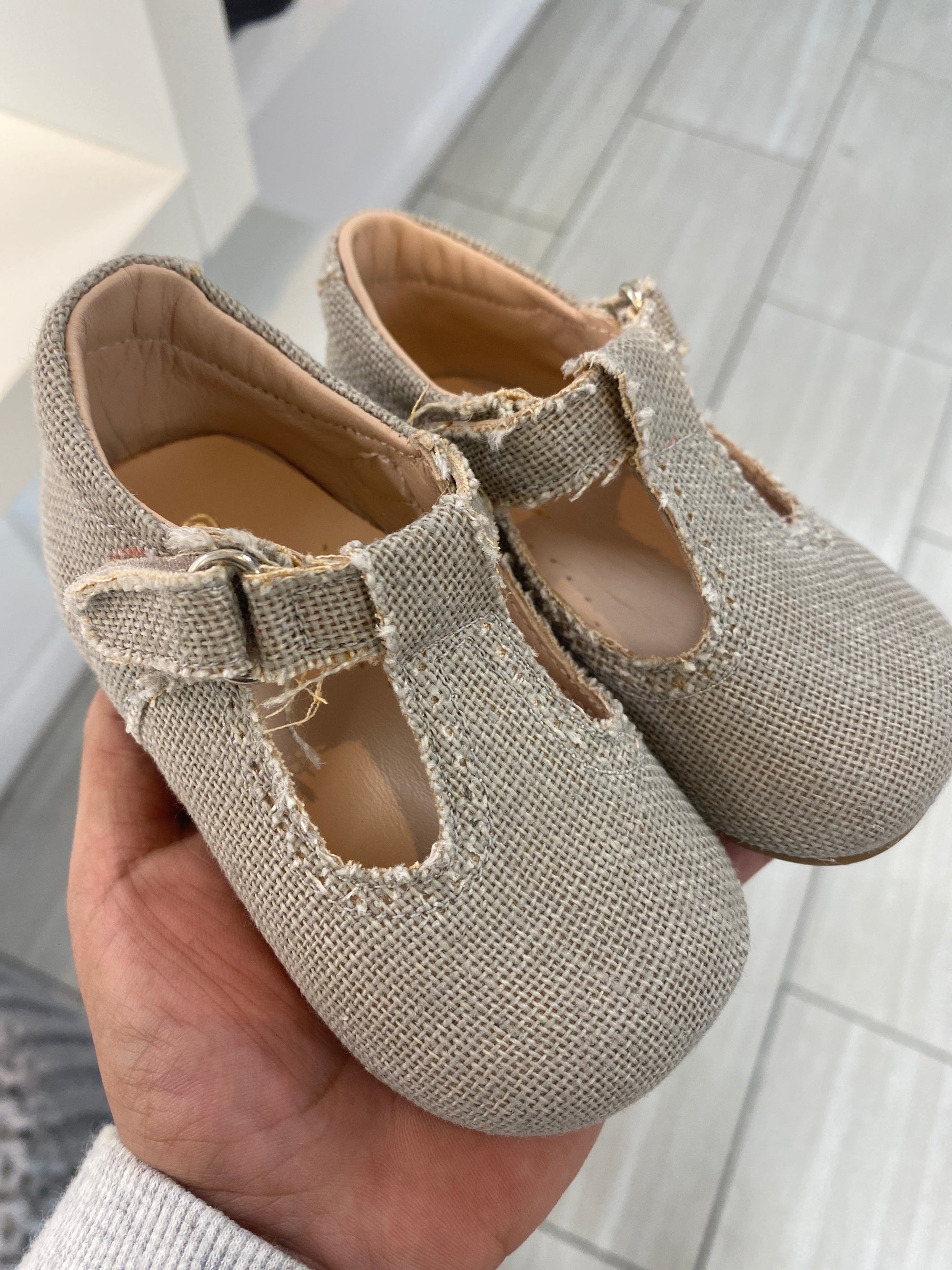 Papanatas Gray Linen Velcro Baby Shoe-Tassel Children Shoes