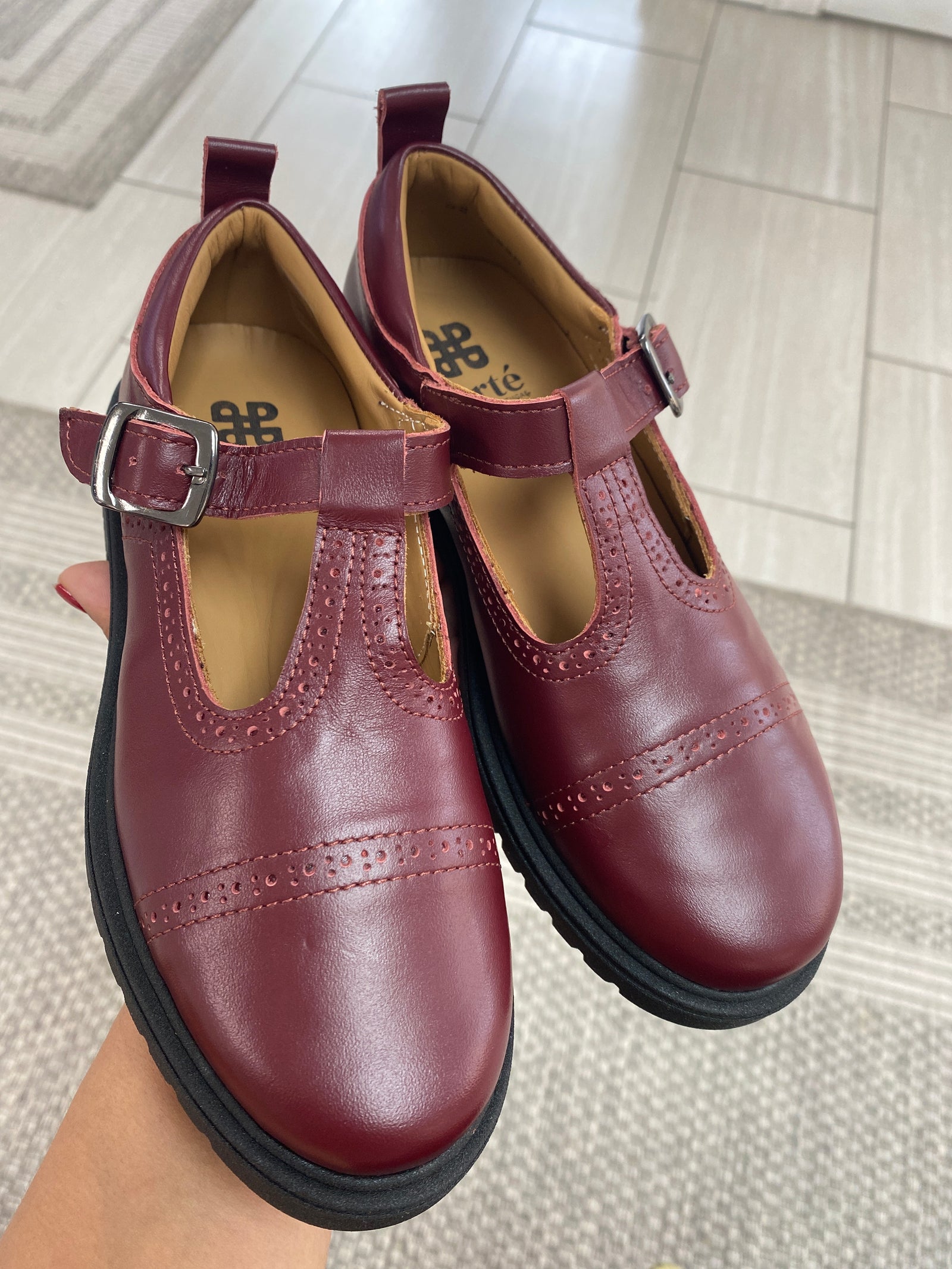 Porte Burgundy Chunky T Strap Shoe-Tassel Children Shoes