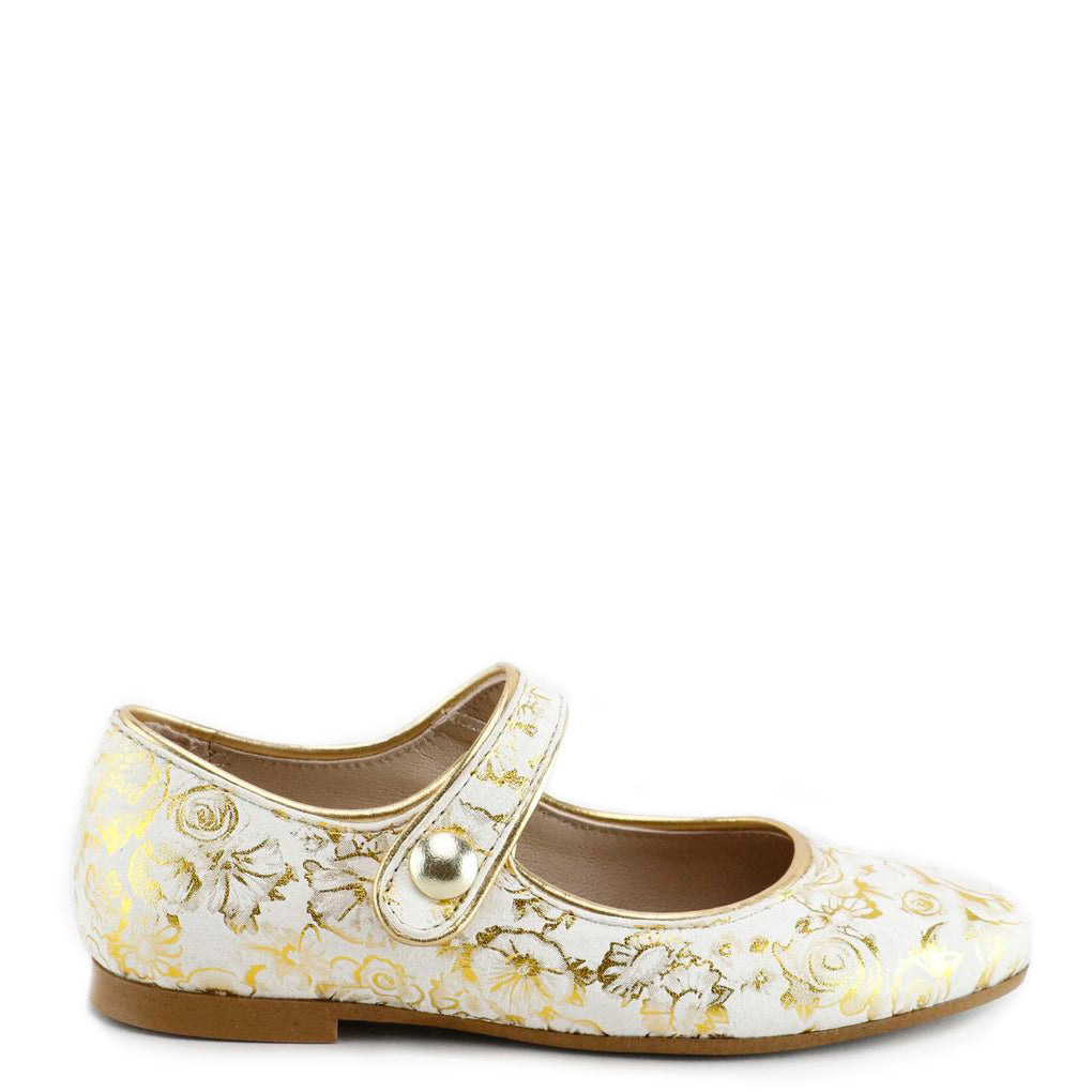 Papanatas Gold Floral Pointed Mary Jane-Tassel Children Shoes