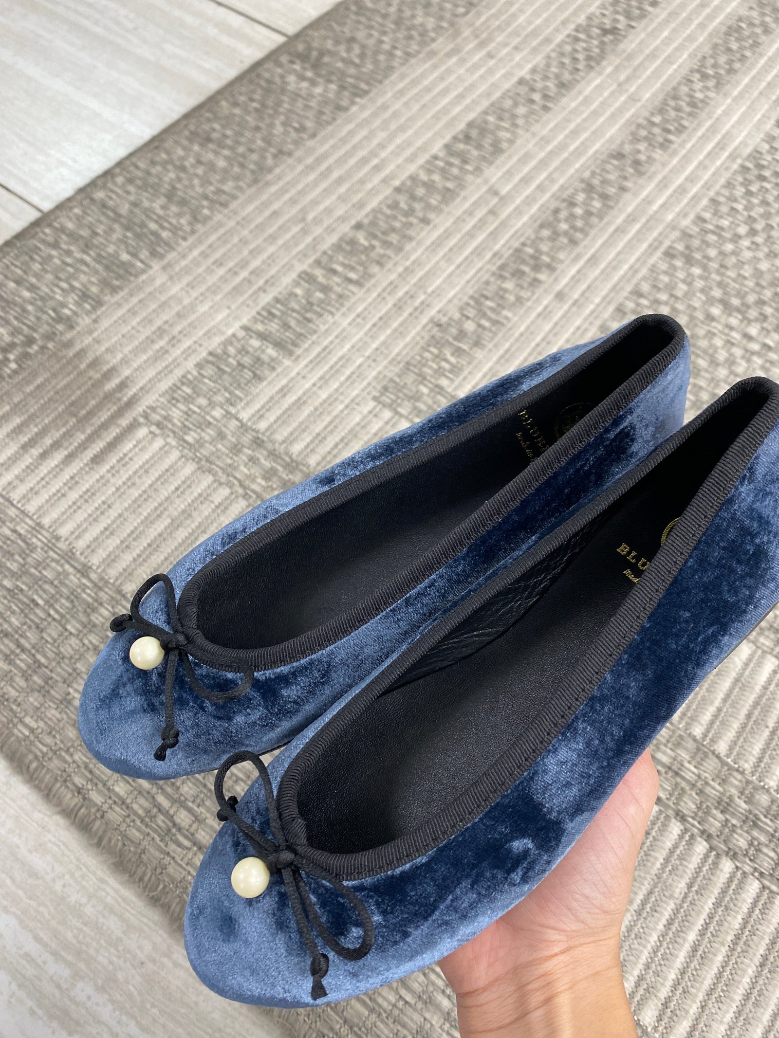 Blublonc Indigo Velvet Pearl Ballet Flat-Tassel Children Shoes