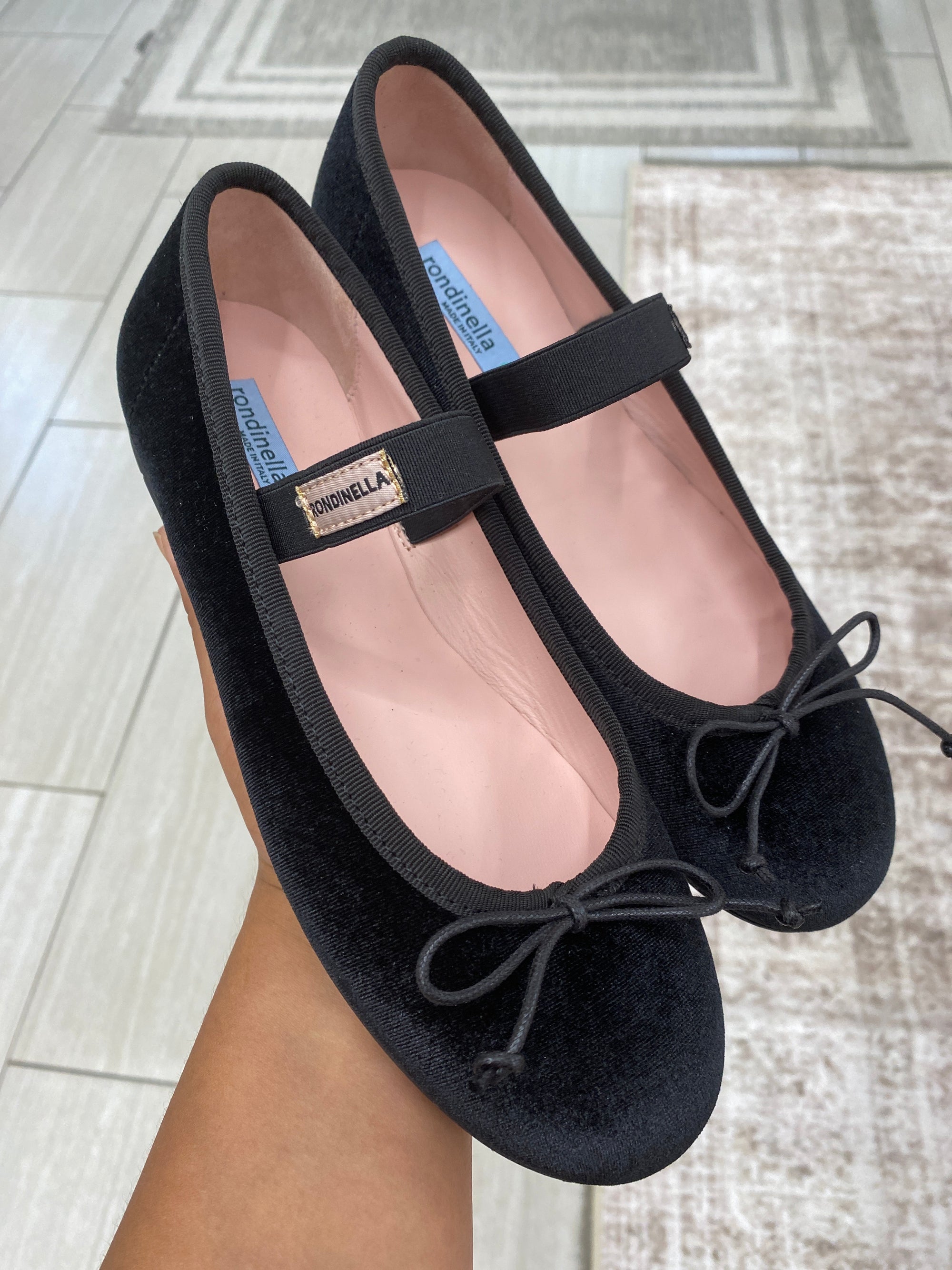Rondinella Black Velvet Strap Flat-Tassel Children Shoes
