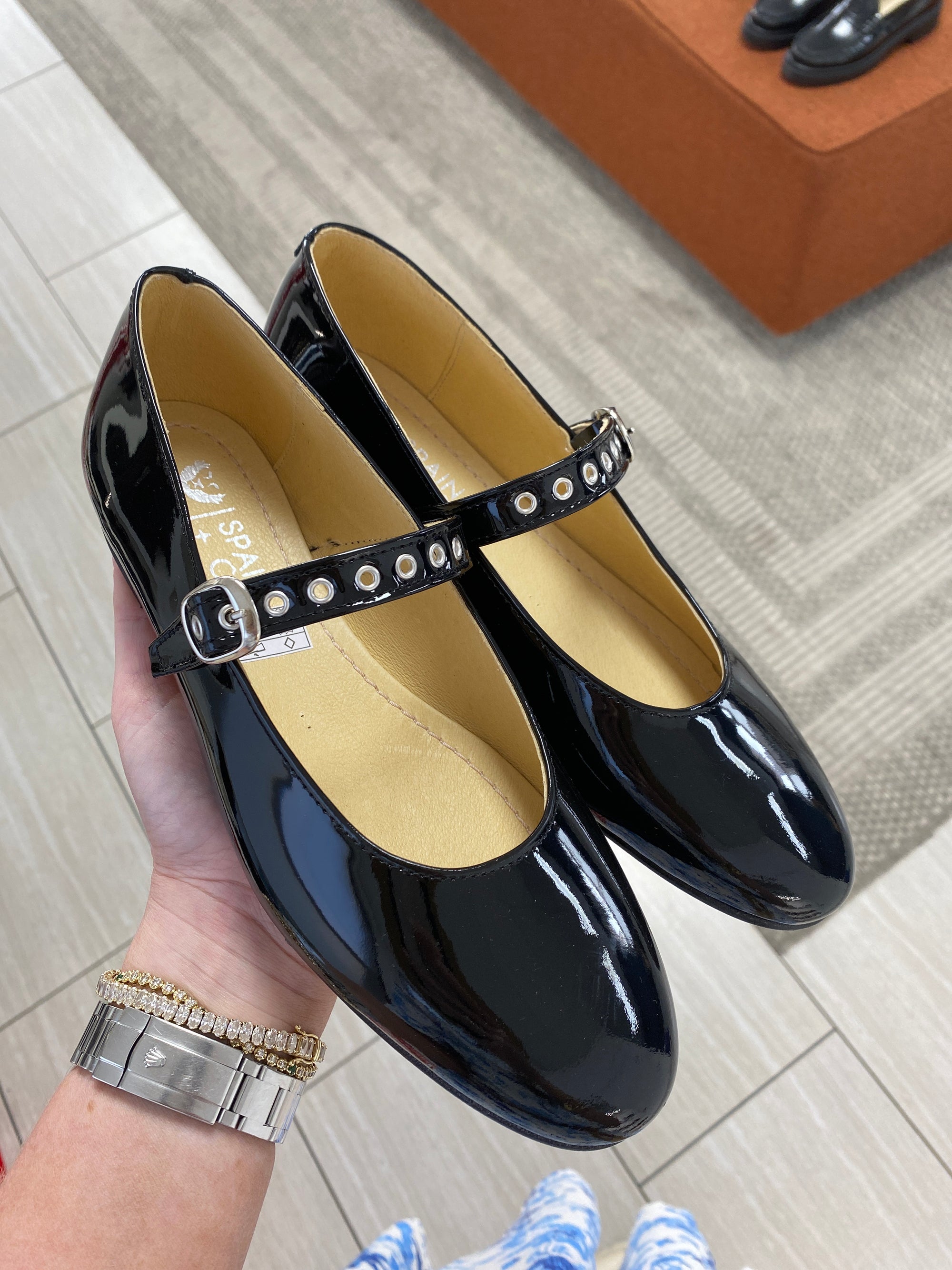 Spain+Co Black Patent Grommet Mary Jane