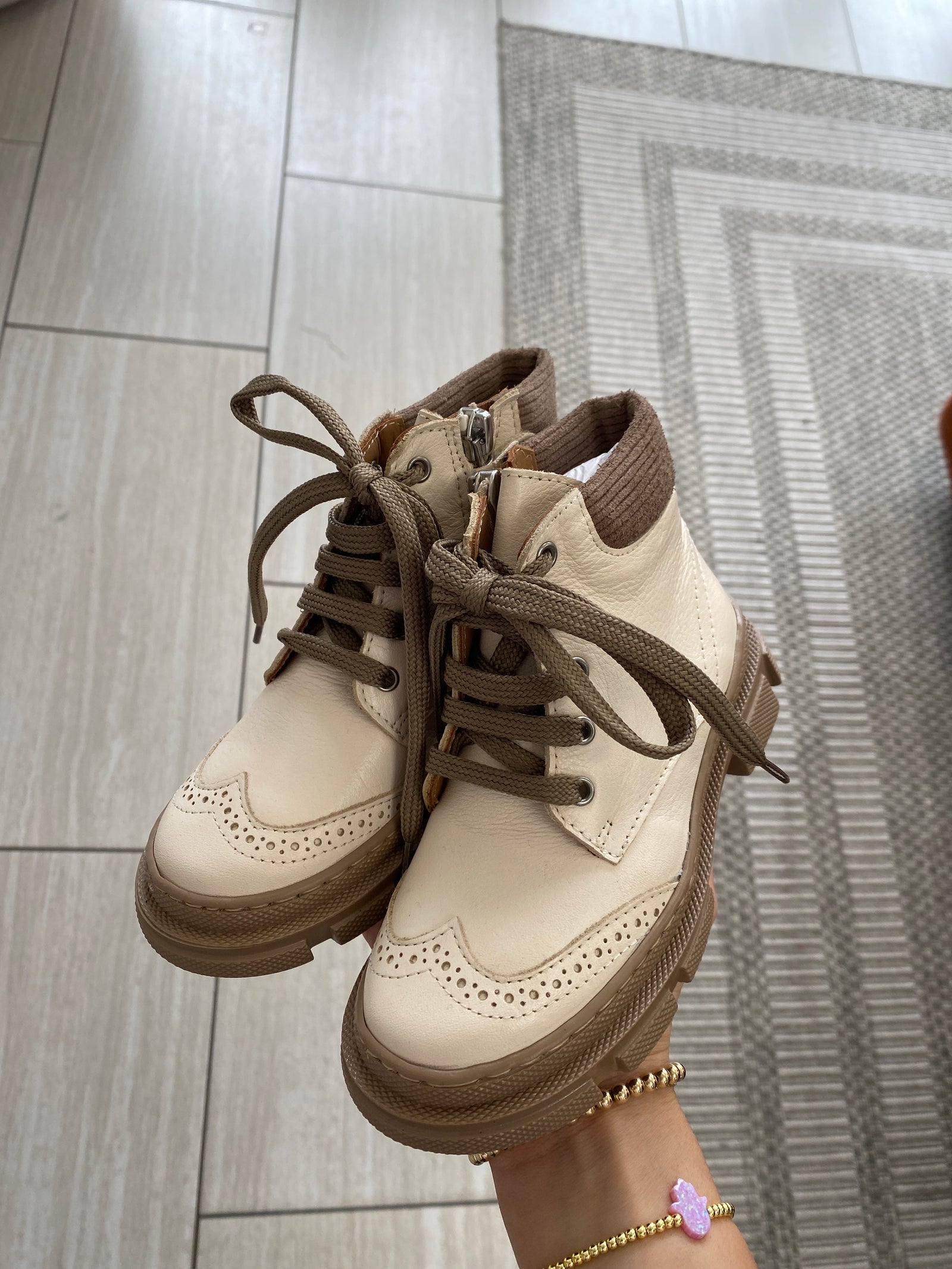 Papanatas Beige Leather Bootie-Tassel Children Shoes