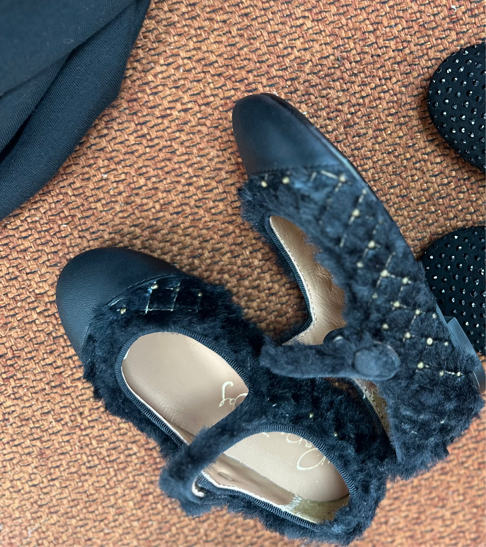 Papanatas Black Fur and Gold Stud Mary Jane-Tassel Children Shoes