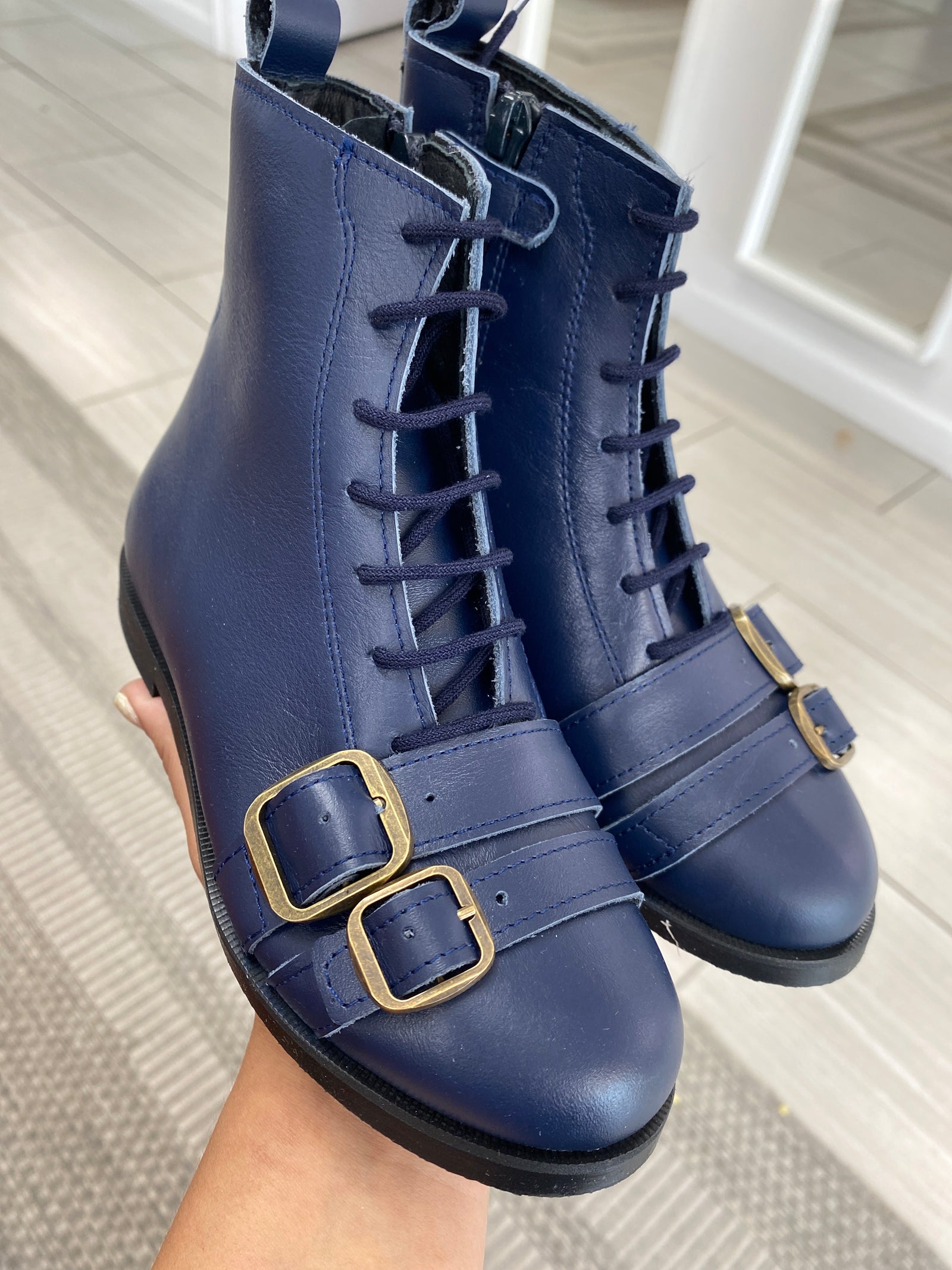 Spain+Co Navy Leather Buckles Boot-Tassel Children Shoes